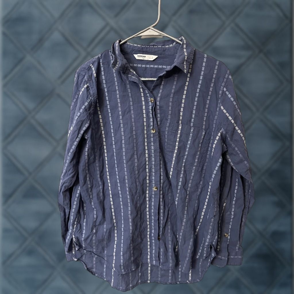 Vintage Sonoma Blouse Women's L Cyclone Blue Button Front The Everyday Shirt Stripes Size L / US 10 / IT 46 - 1 Thumbnail
