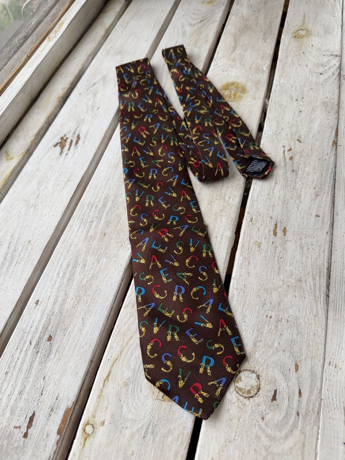 Versace Gianni Versace Silk Tie Brown Logo Print Colorful Letters Size ONE SIZE - 1 Thumbnail