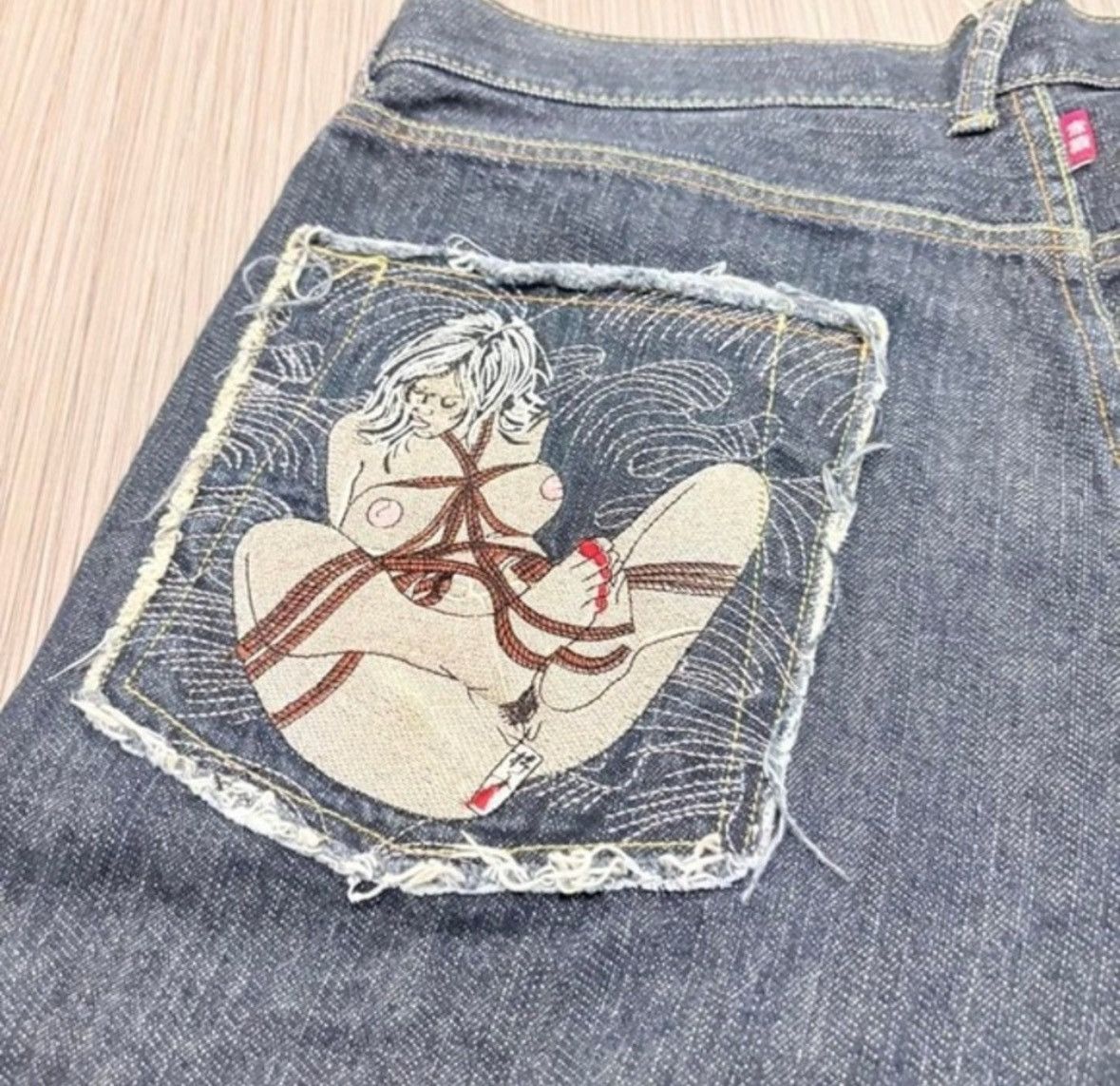 Red Monkey Vintage Patchwork RMC Geisha Bondage denim shorts 34 Size US 34 / EU 50 - 2 Thumbnail