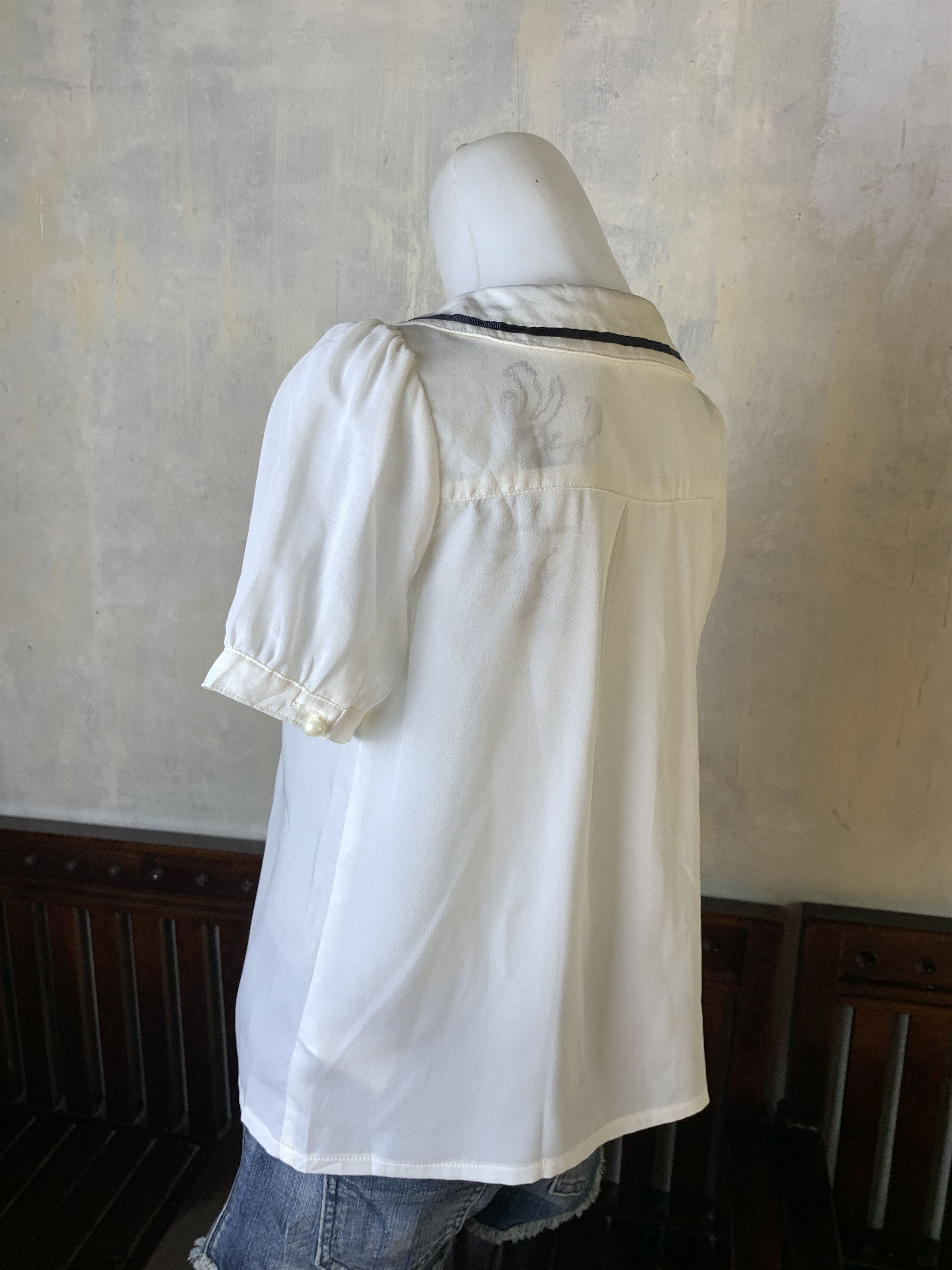 Japanese Brand axes Femme White Maid School Sheer Blouse (M) Size M / US 6-8 / IT 42-44 - 3 Thumbnail