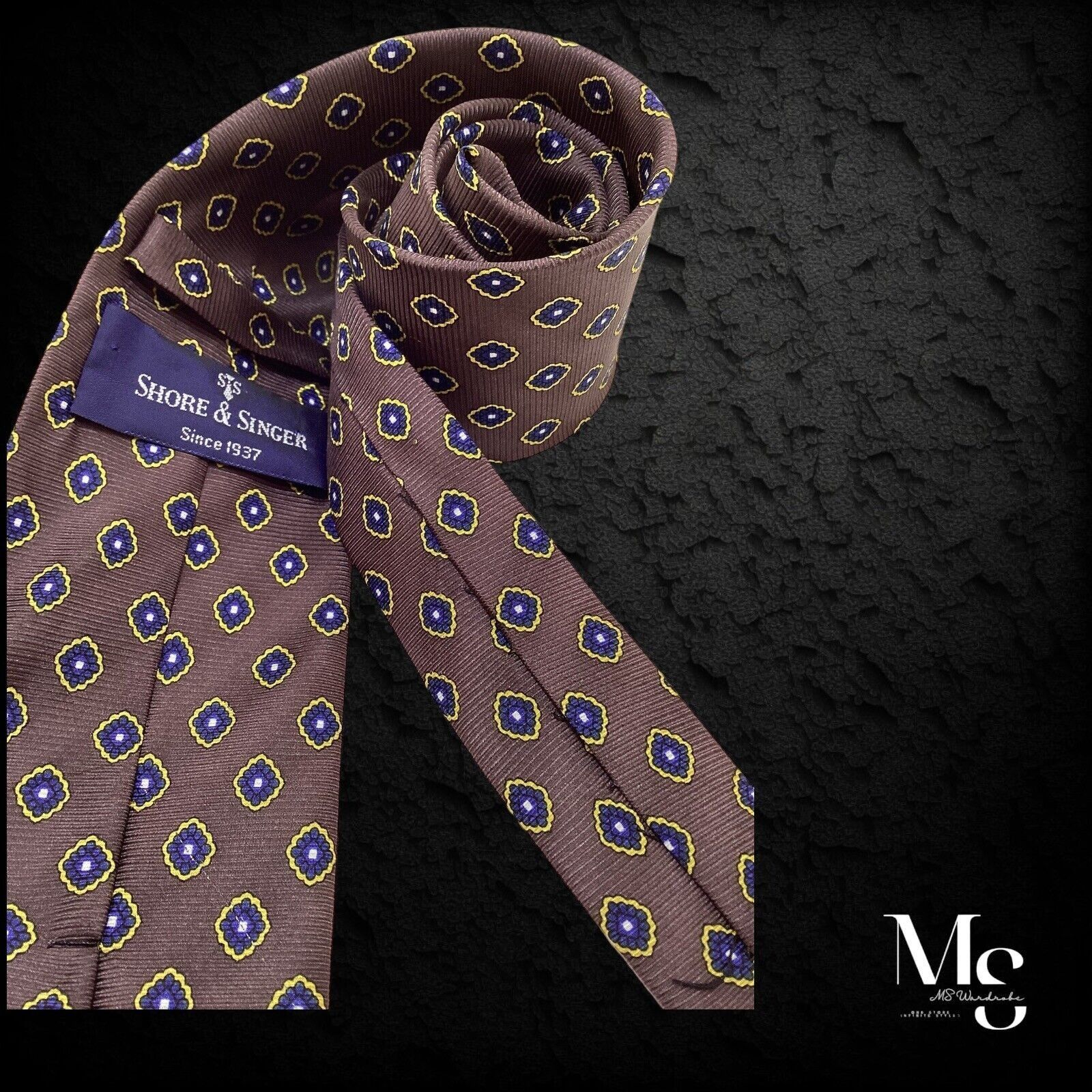 Other SHORE & SINGER Brown Geometric Luxury Silk Tie Hand Made W:3 Size ONE SIZE - 3 Thumbnail