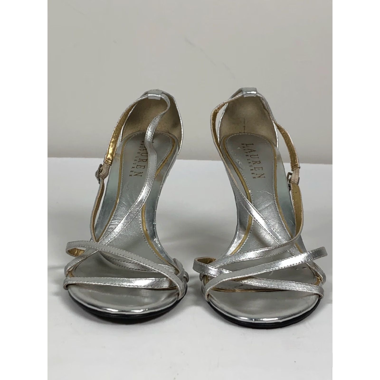 Ralph Lauren Ralph Lauren Womens 6.5 Silver Leather 3.5" Heels Stiletto Open Toe Buckle Dress Shoes Size M / US 6-8 / IT 42-44 - 3 Thumbnail