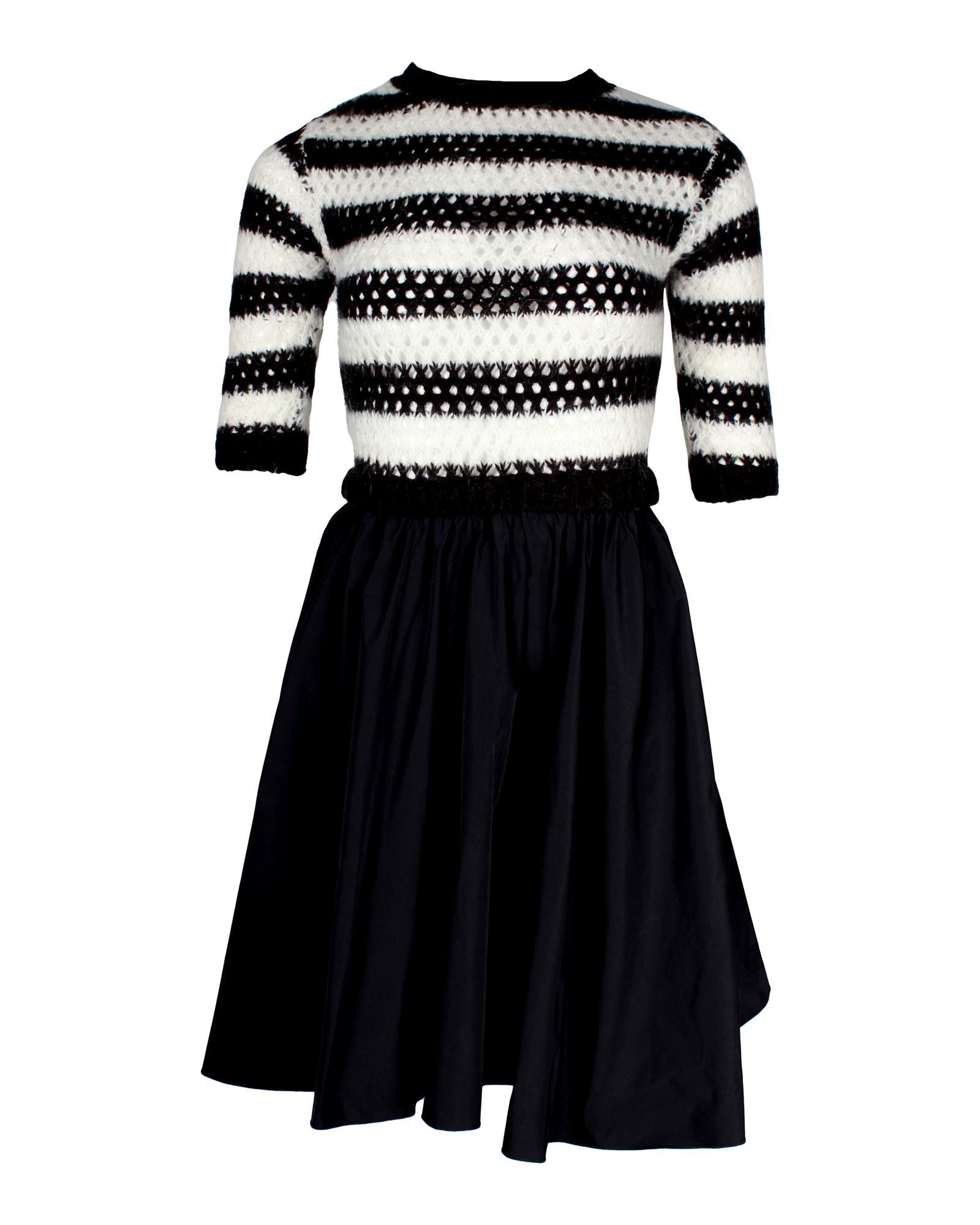 image of Red Valentino Striped Open-Knit Taffeta Mini Dress With Crochet Detail in Black, Women's (Size Smal