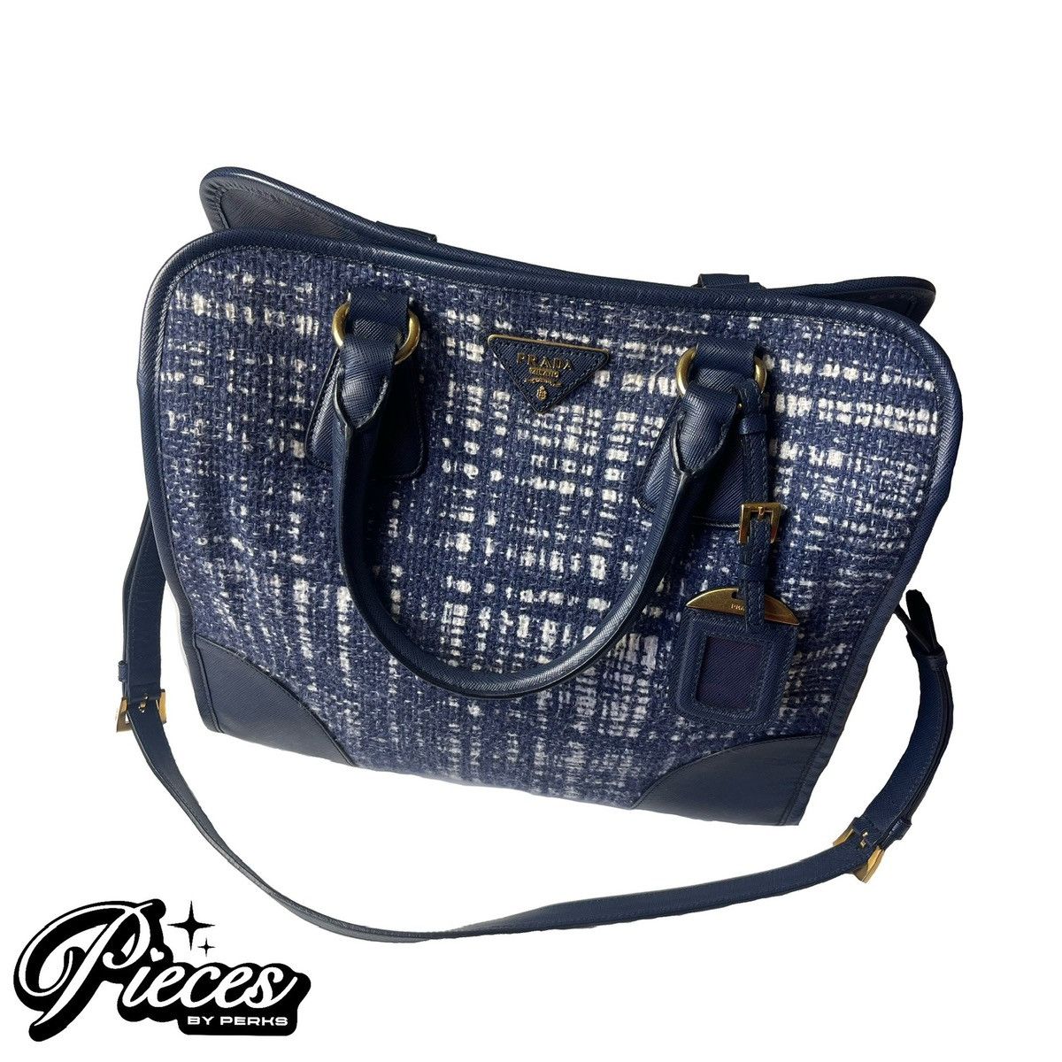 image of Prada Tela Tweed Saffiano Inchiostro Tote in Blue, Women's