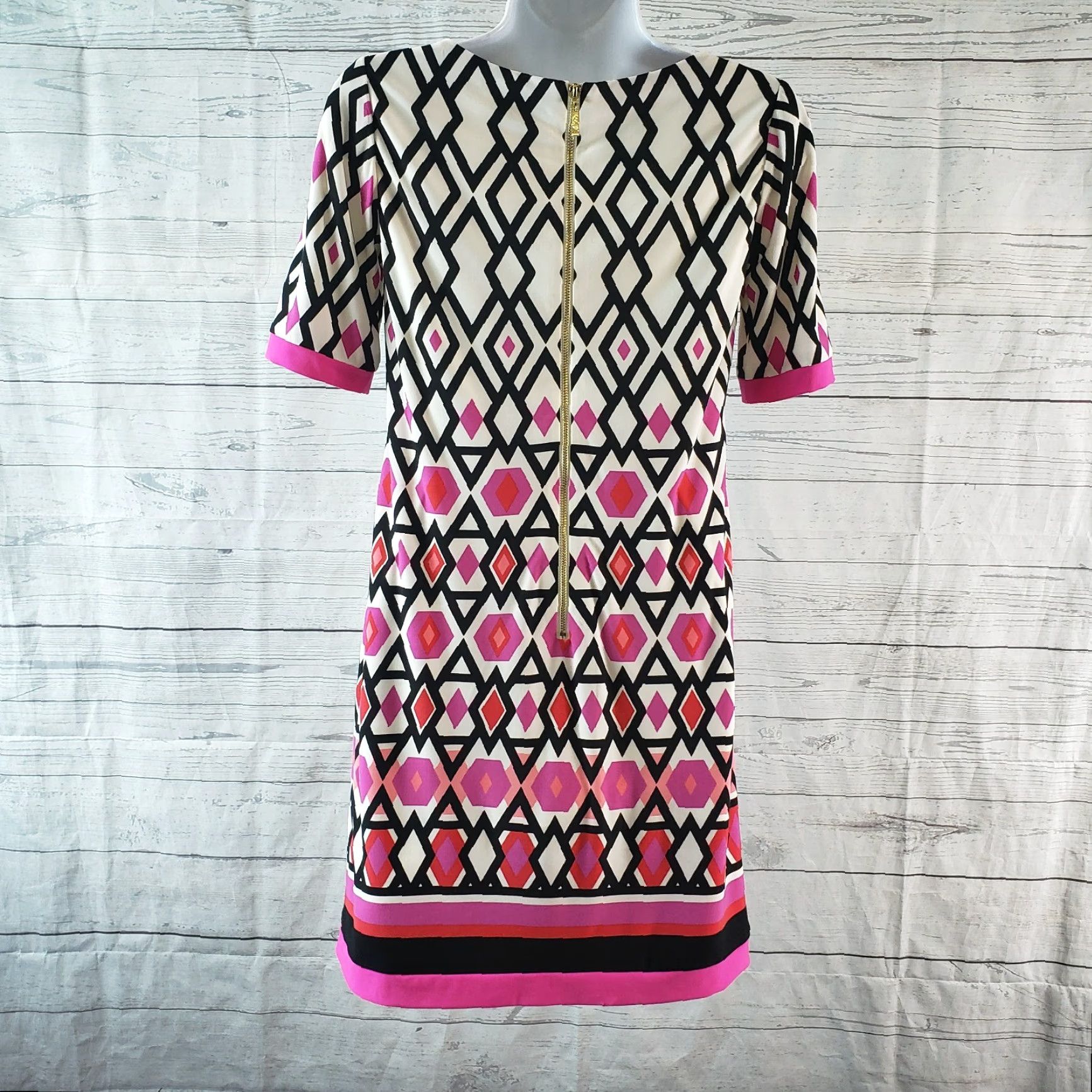 Vintage Eliza J Womens Dress 0P Black Pink Geometric Exposed Zipper Half Sleeve Short Dress Polyester Blend Zip Shift Petite Womens Size XS / US 0-2 / IT 36-38 - 4 Thumbnail