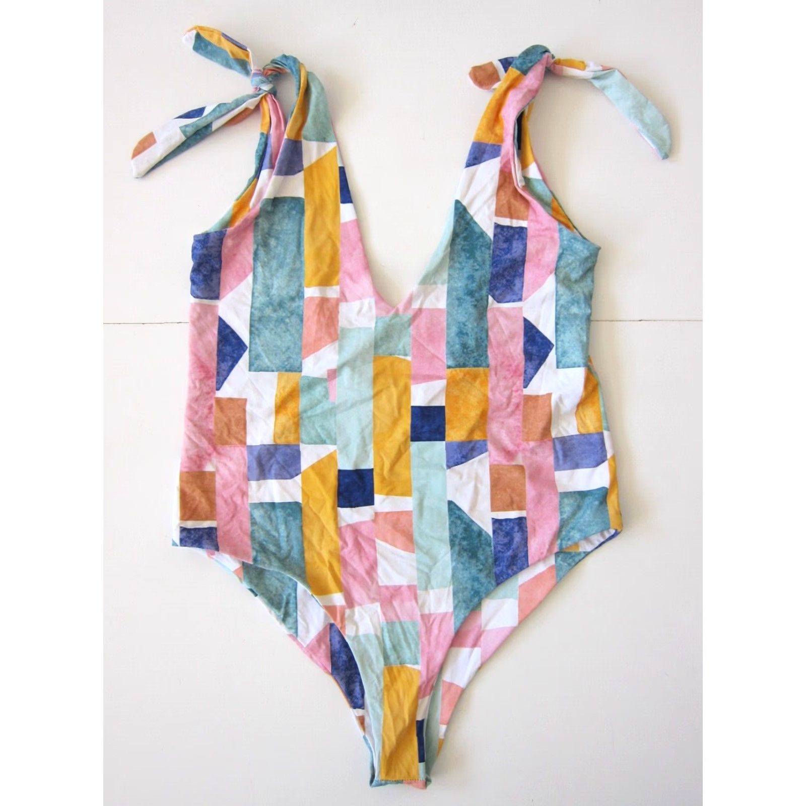 Lulus Lulu's Pink Green Blue Yellow Block V-Neck Low Back One Piece Swimsuit Large Size ONE SIZE - 8 Thumbnail