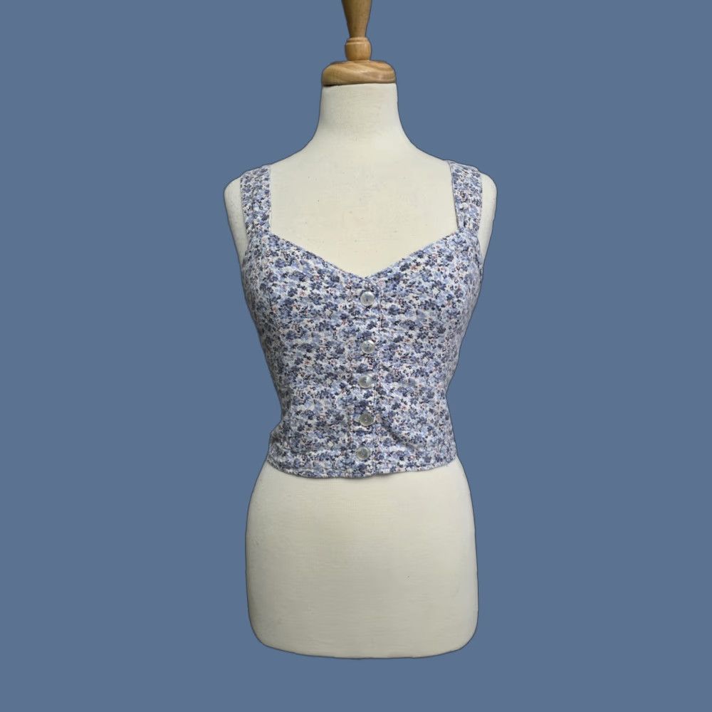 Abercrombie & Fitch Abercrombie & Fitch Linen Blend Crop Cami Tank Top Blue Flowers Stretch Small Women Tank Sleeveless V-Neck Spaghetti Pullover Slim Size S / US 4 / IT 40 - 1 Thumbnail