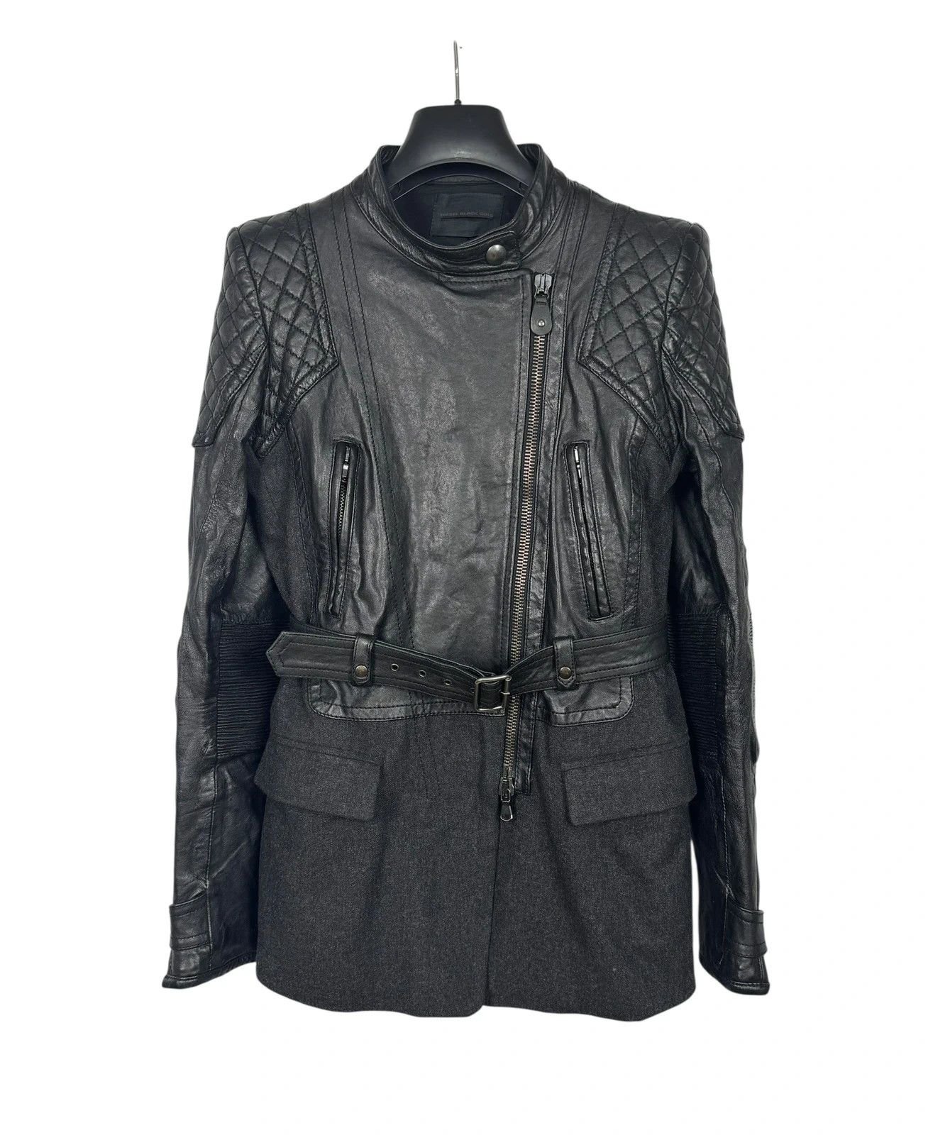 Diesel Black Gold Biker Belted Jacket Leather Wool size 40