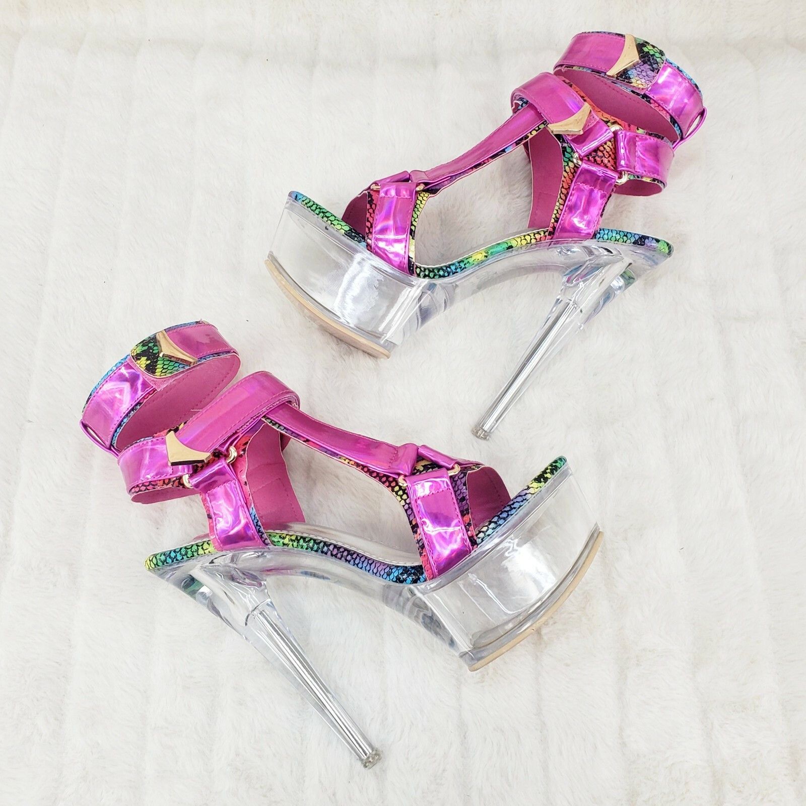 Xapala Fuchsia Hologram Harness Strap Clear Platform Shoes (