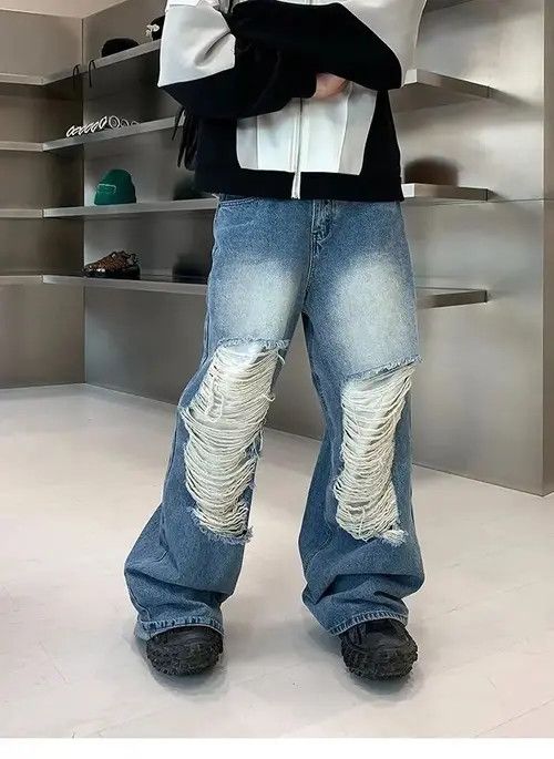 Jean Fujiwara x Asa Baggy distressed ripped wide leg y2k jeans Size US 34 / EU 50 - 7 Thumbnail