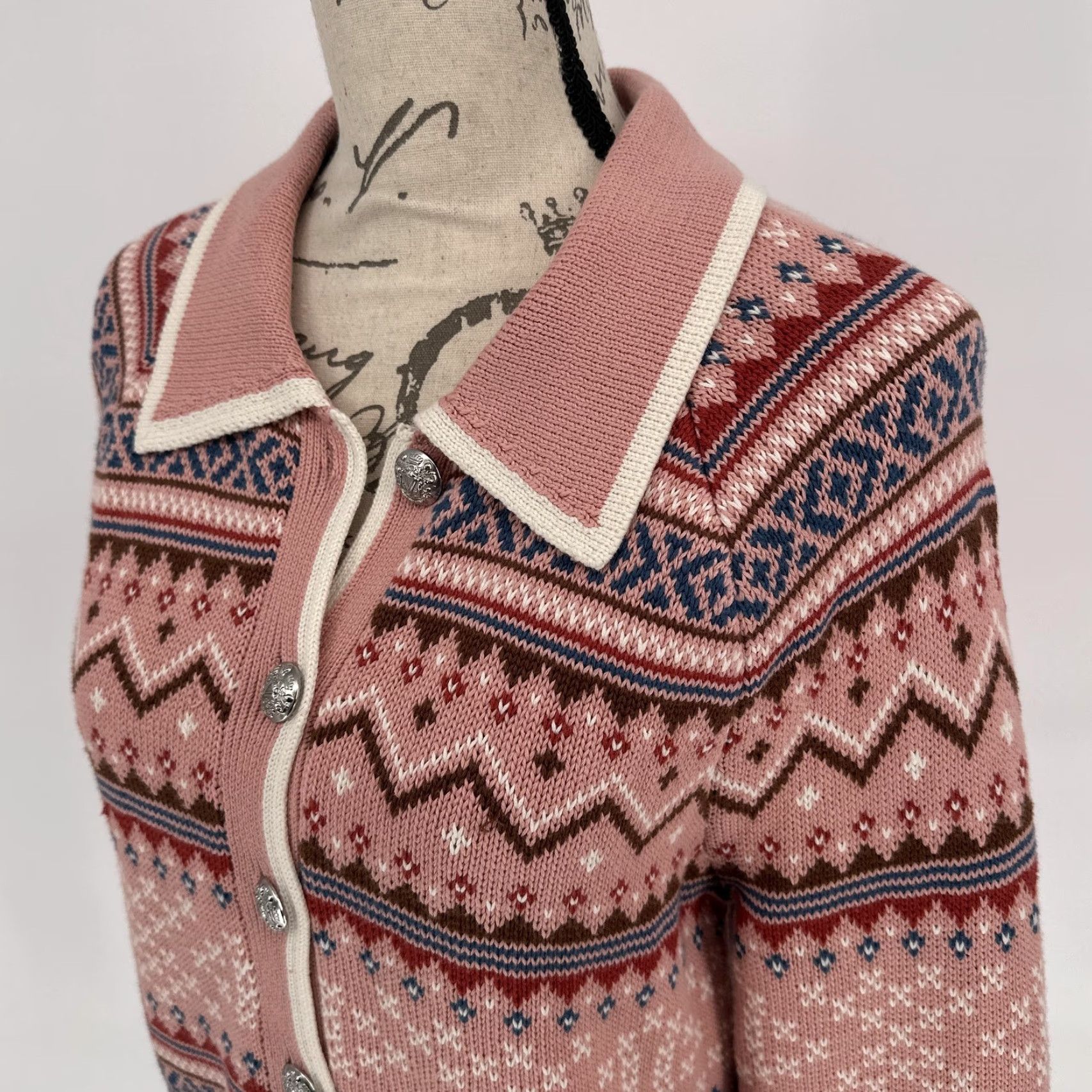 Veronica Beard VERONICA BEARD Sweater Womens Medium Pink Fair Isle Collared Cardigan Ski Knit Size M / US 6-8 / IT 42-44 - 4 Thumbnail