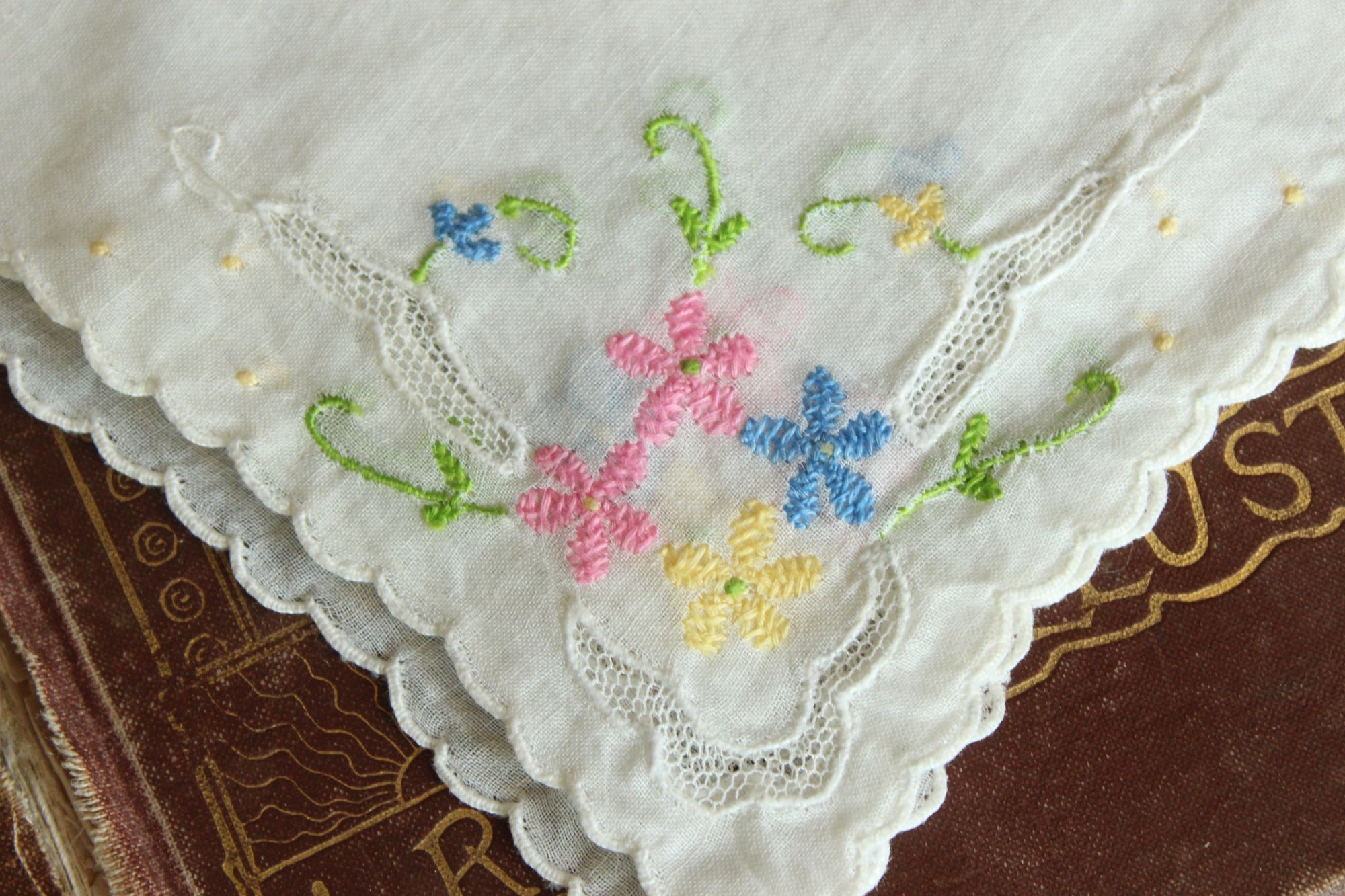 Vintage Vintage Handkerchief, Pink Blue and Yellow Flower Embroidery Size ONE SIZE - 2 Thumbnail