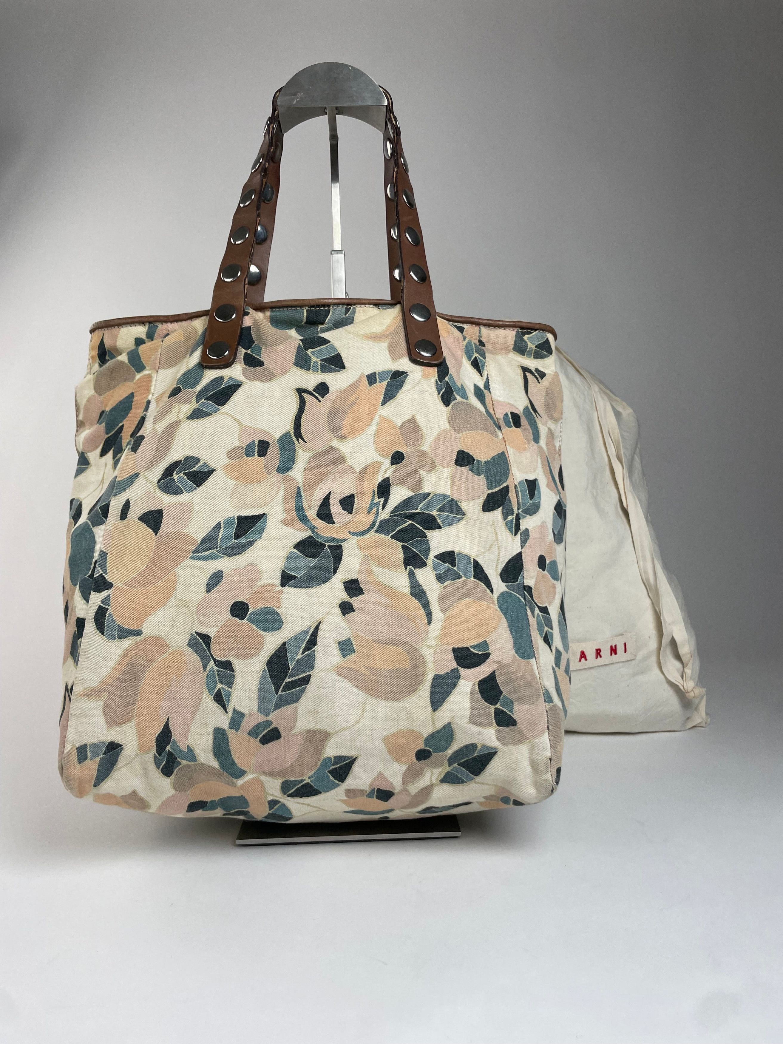 Marni Vintage Studded Floral Canvas Leather Tote bag beige brown g Size ONE SIZE - 1 Thumbnail