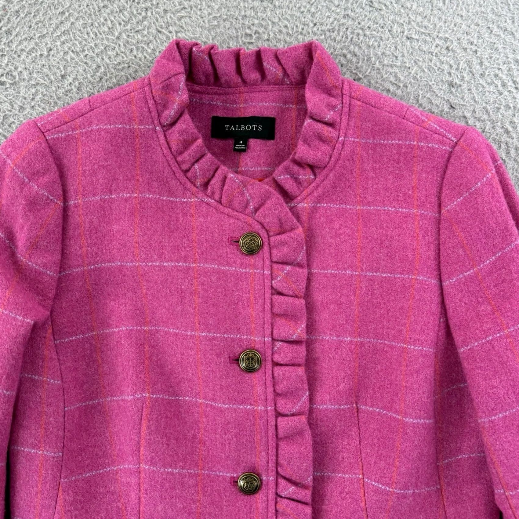 Talbots Talbots Blazer Jacket Women's 4 Pink Wool Blend Check Ruffle Preppy NWT Business Short Sleeve Coat Size S / US 4 / IT 40 - 3 Thumbnail