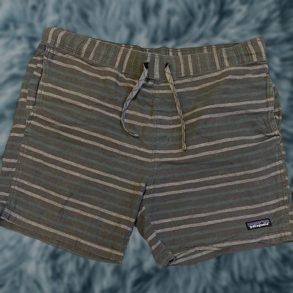 VINTAGE Patagonia Striped Shorts L Hemp Cotton Baggies Surf Beach Hiking 90s Green Gray Patagon ia?