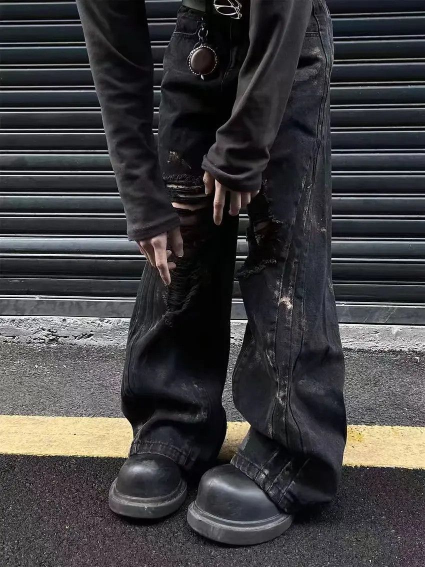 Designer × Japanese Brand Waxed and graffitied ripped and spliced baggy jeans Size US 34 / EU 50 - 3 Thumbnail