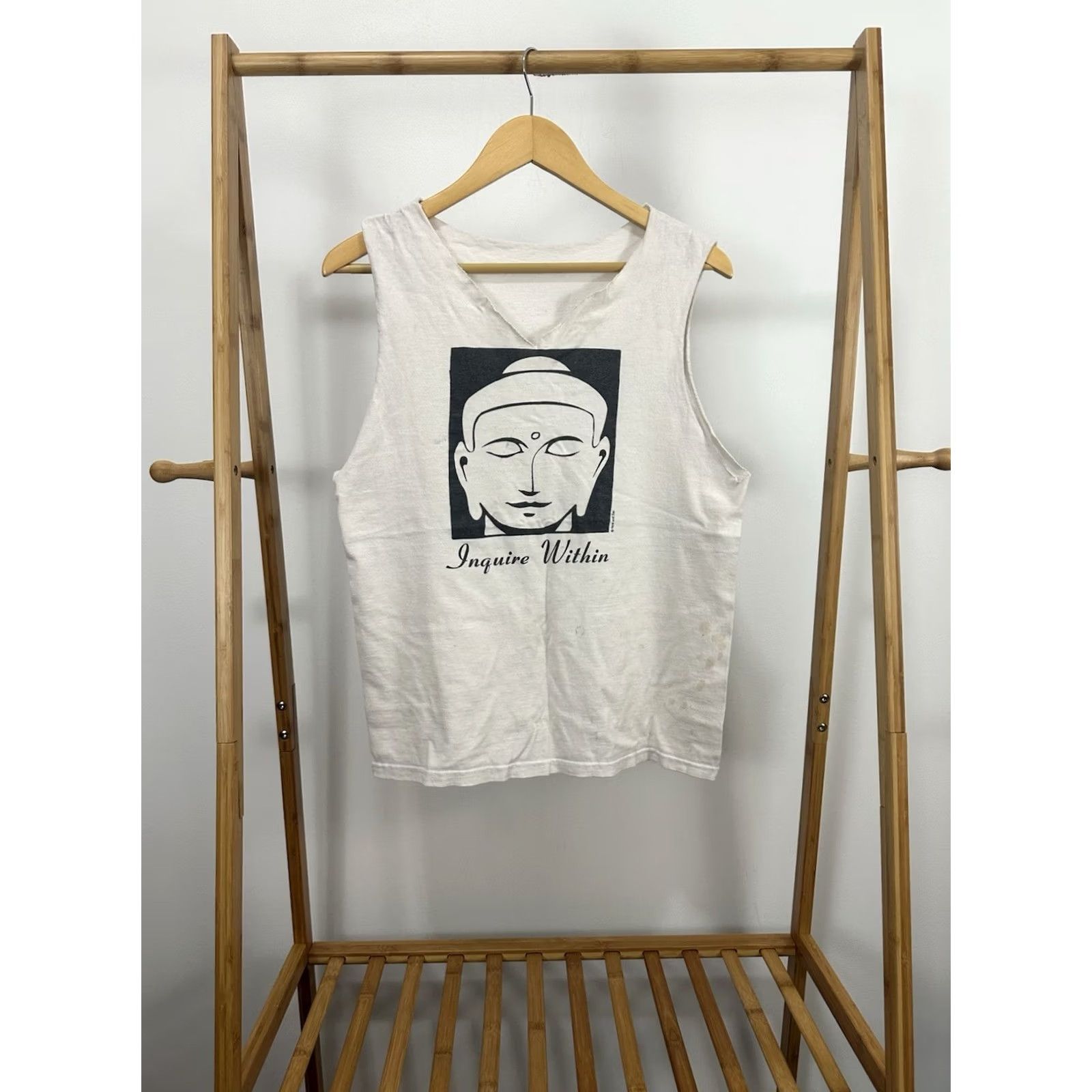 Vintage VTG Buddha Siddhartha Inquire Within Zen Meditate Chopped Tank Top Shirt M White Religious Buddhism Mens Sleeveless T-Shirt BudHism Buddha 90s Theme Size US M / EU 48-50 / 2 - 2 Thumbnail