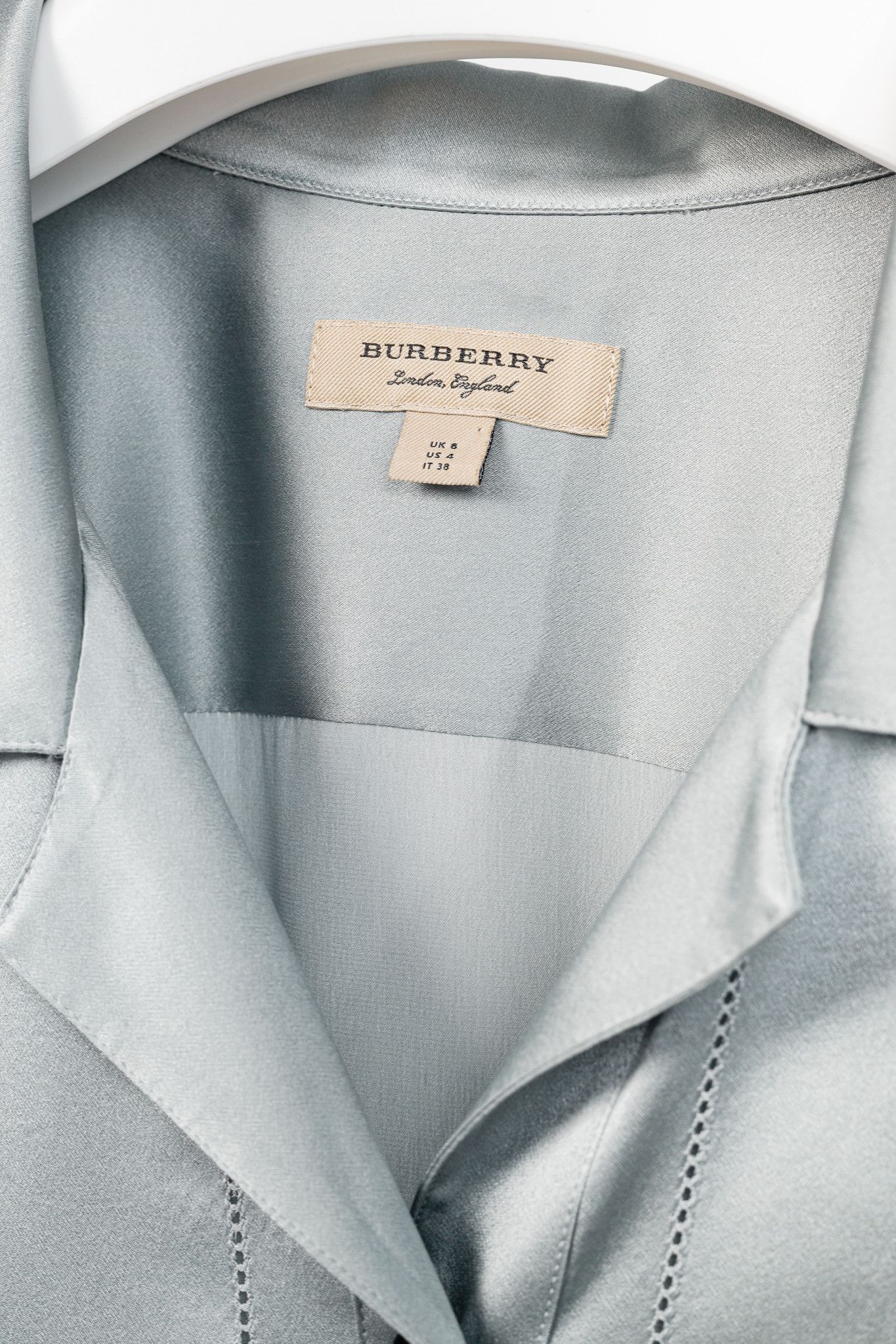 Burberry Burberry Emily Mineral Blue Silk-Satin Tie-Waist Shirt Dress Size S / US 4 / IT 40 - 4 Thumbnail