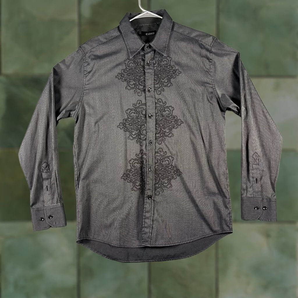 Vintage Cultura Shirt Mens Large Black Embroidered Dress Button Up Long Sleeve Size 42R - 1 Thumbnail