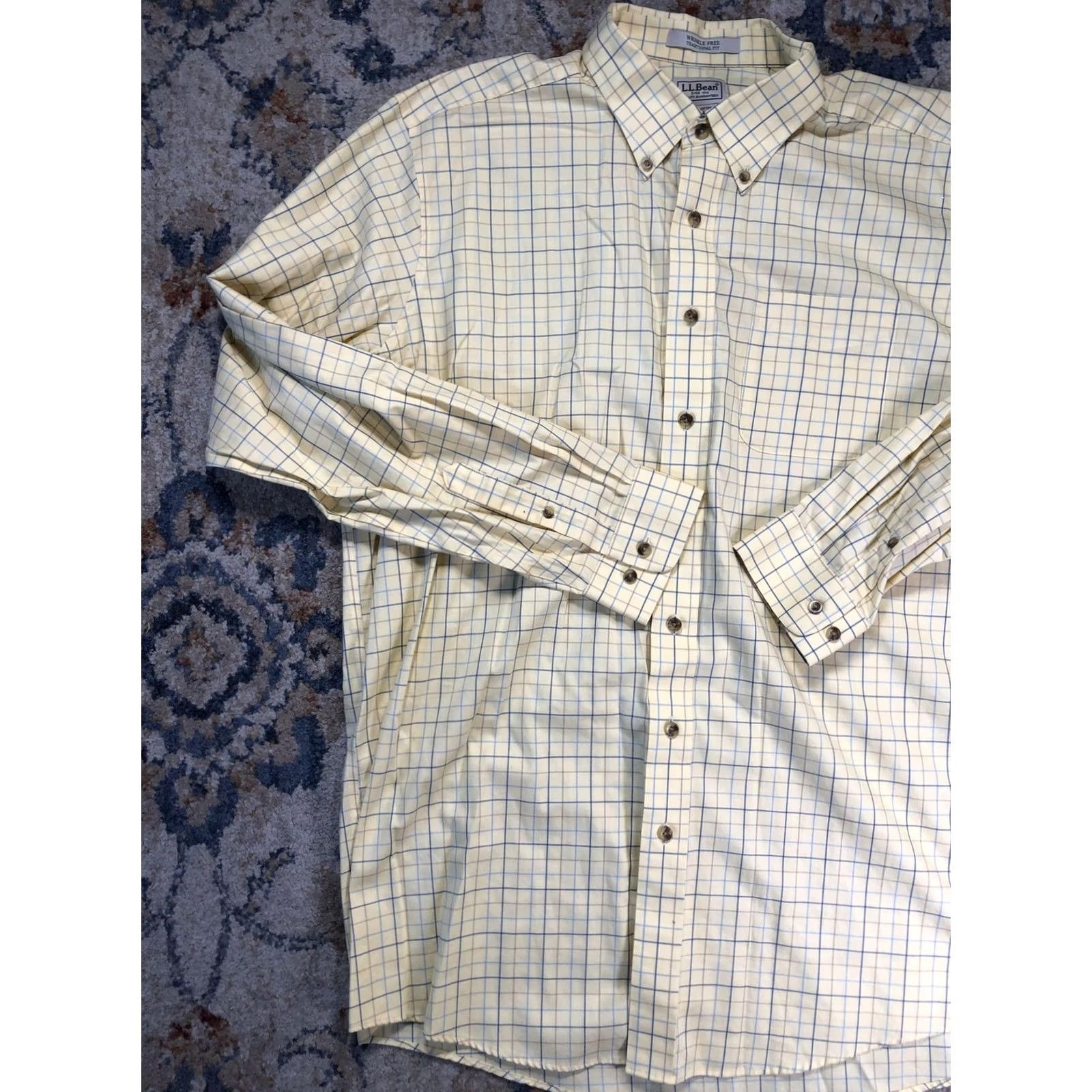 Vintage L.L. Bean Dress Shirt Mens XLT Yellow Check Wrinkle Free Button-Down Classic Fit Size 46R - 3 Thumbnail