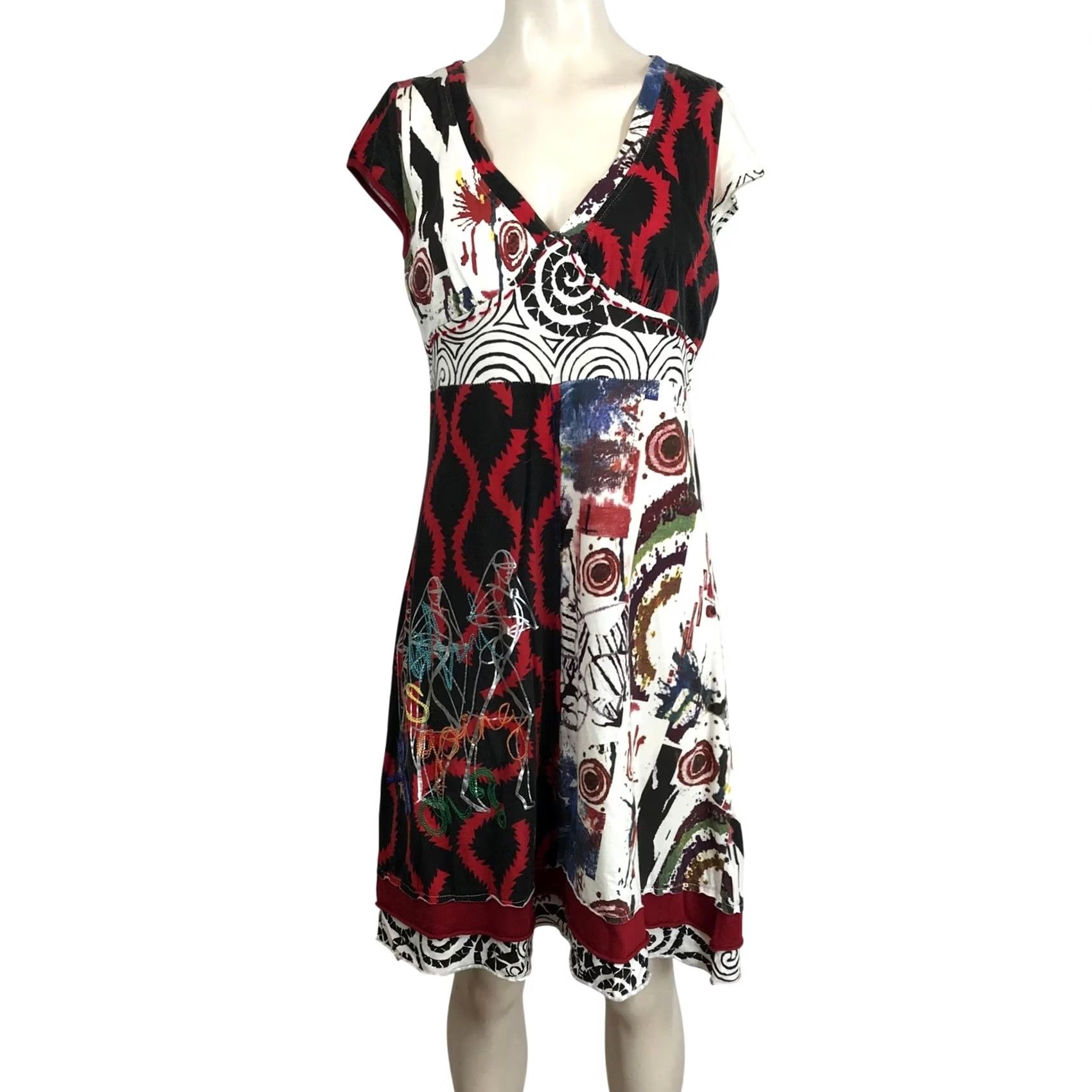 Vintage Kessley Women's Midi Dress V-Neck Cap Sleeve Abstract Print Geometric Art Sundress A-Line Small White Size L / US 10 / IT 46 - 2 Thumbnail