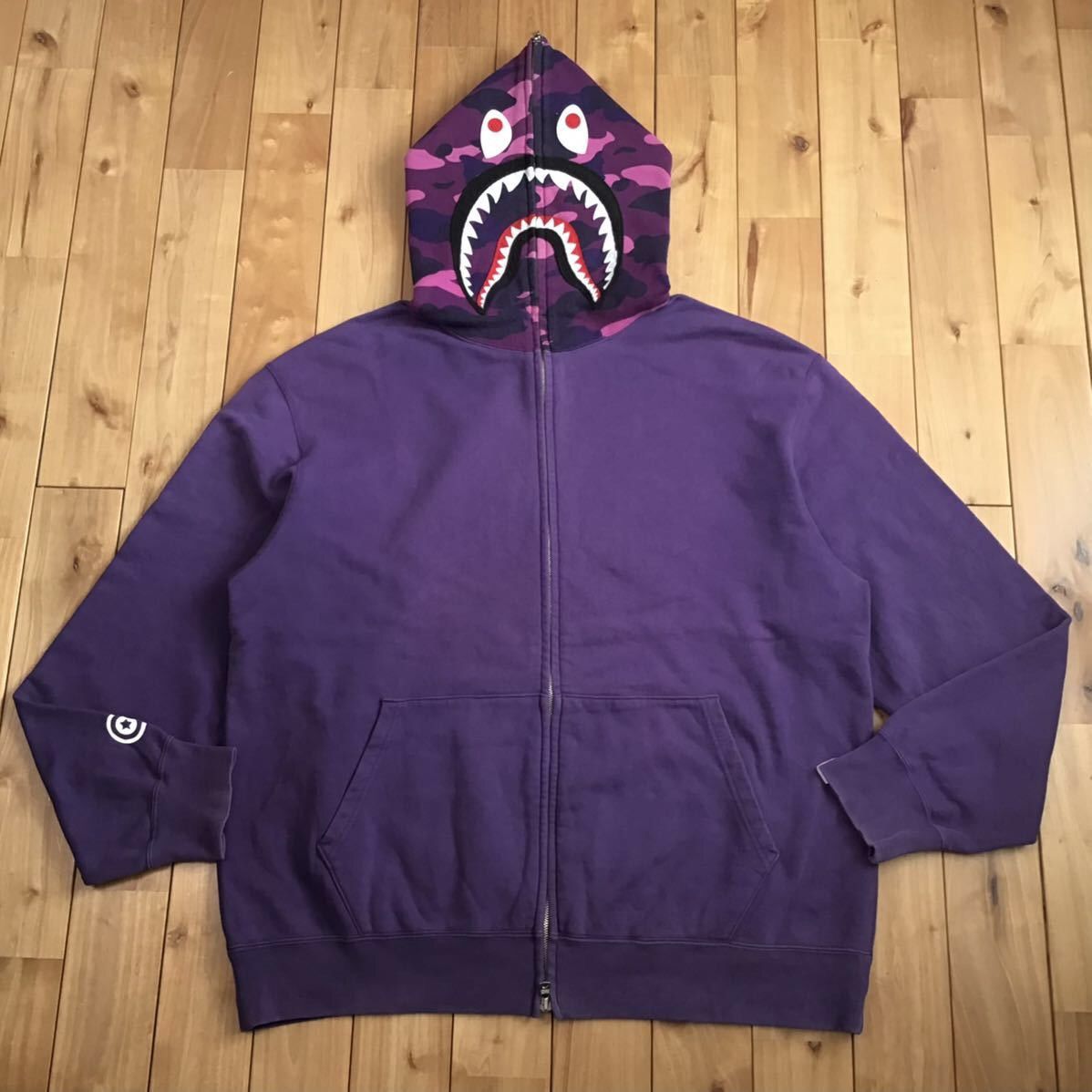 image of 2007 Bape Purple Camo Shark Full Zip Hoodie Abathing Ape, Men's (Size XL)