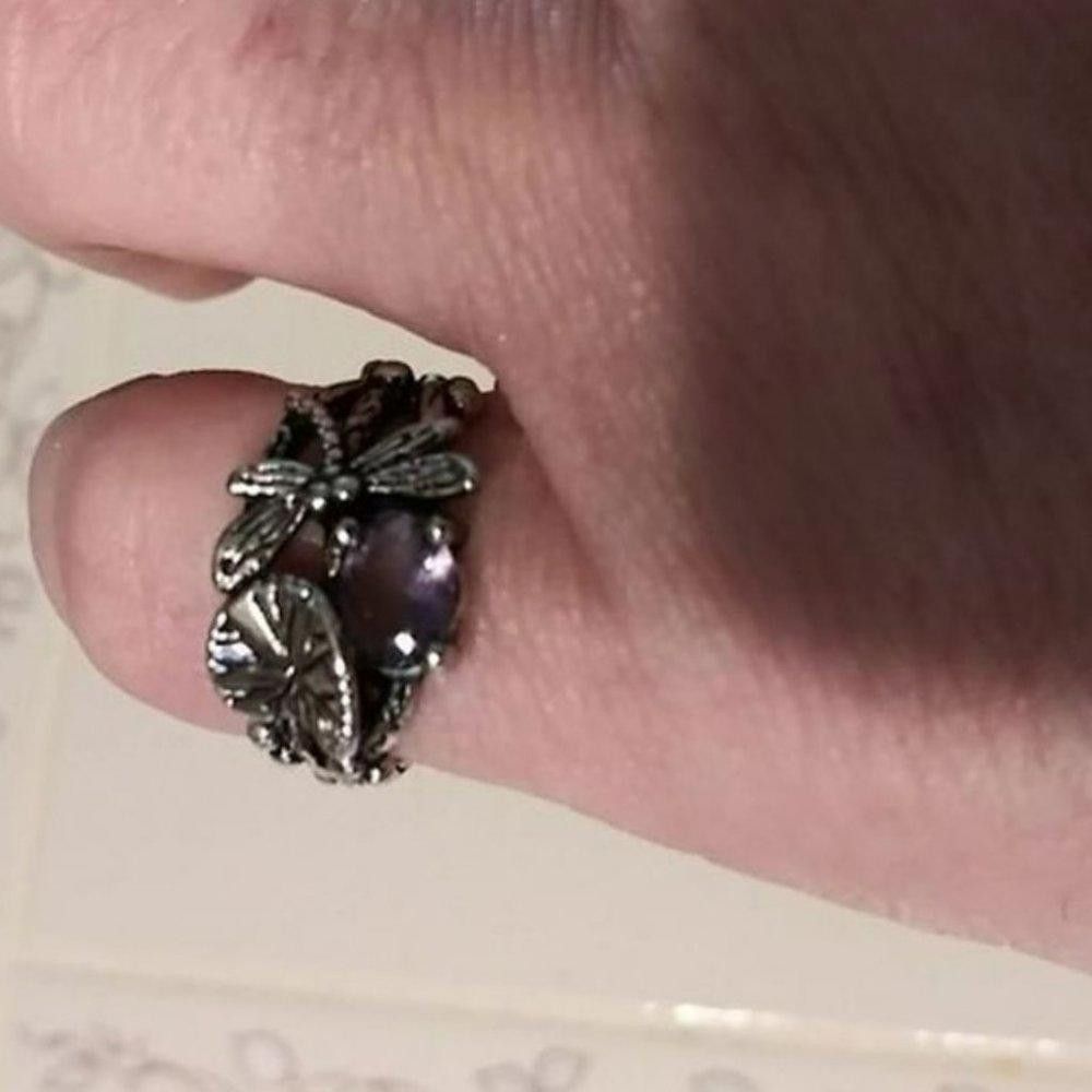Designer Retro Vintage Leaf Dragonfly Purple Crystal Silver Ring Size ONE SIZE - 8 Thumbnail