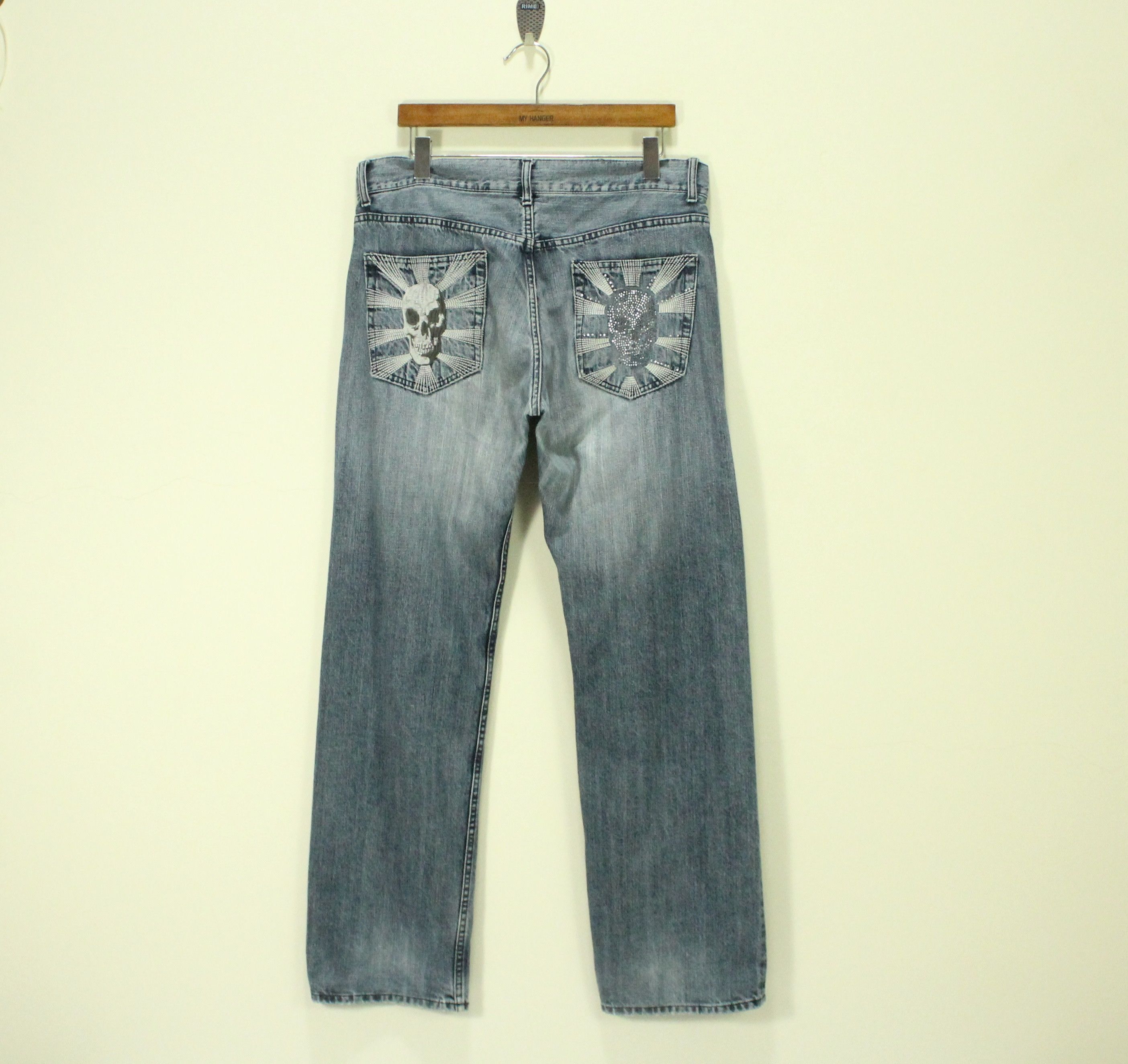 Japanese Brand Vintage Denim Embroidered Skull Logo Size US 35 - 2 Thumbnail