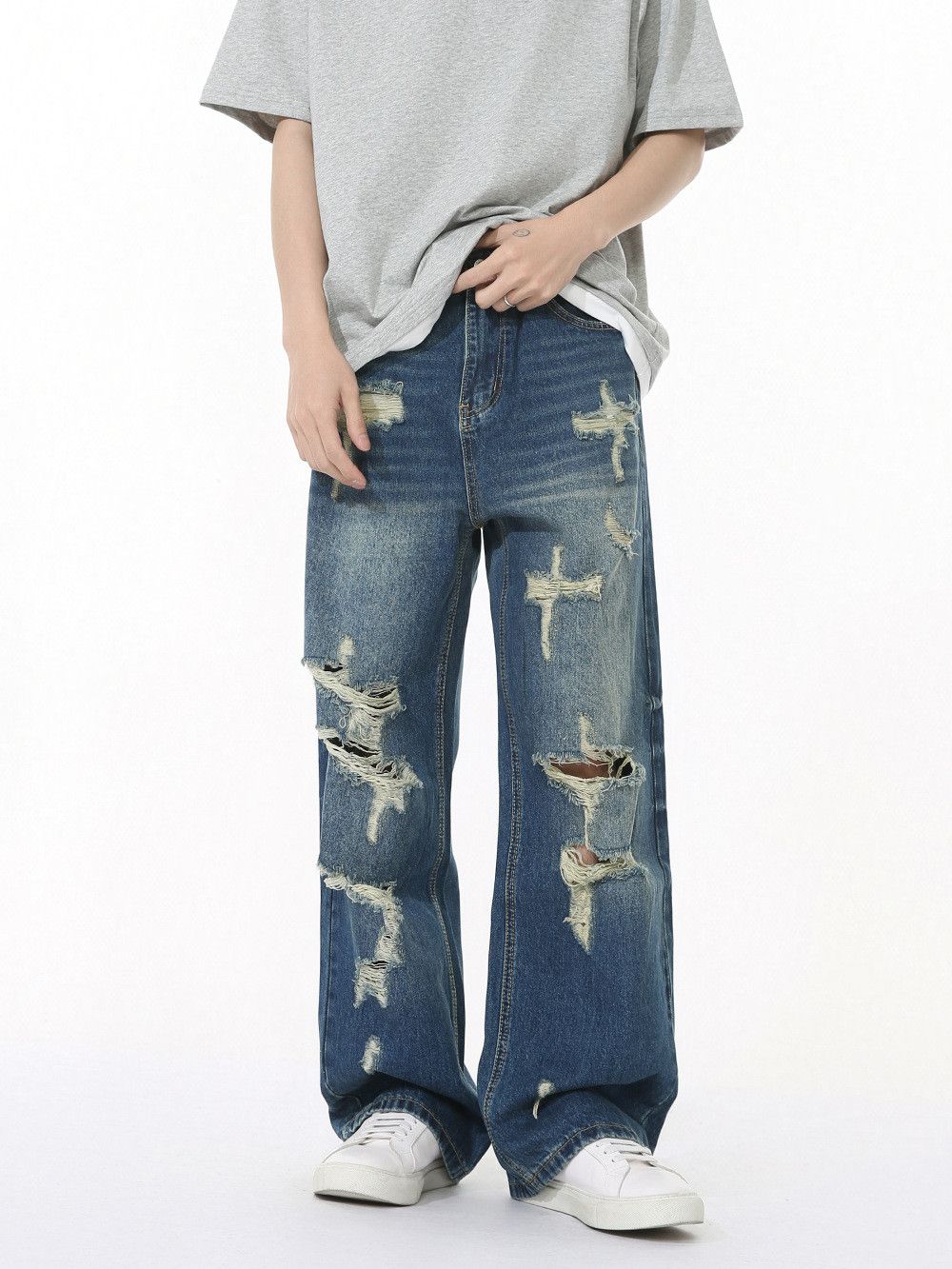 Vintage Men's Distressed Street Straight Jeans with Irregular Rips Size US 32 / EU 48 - 2 Thumbnail
