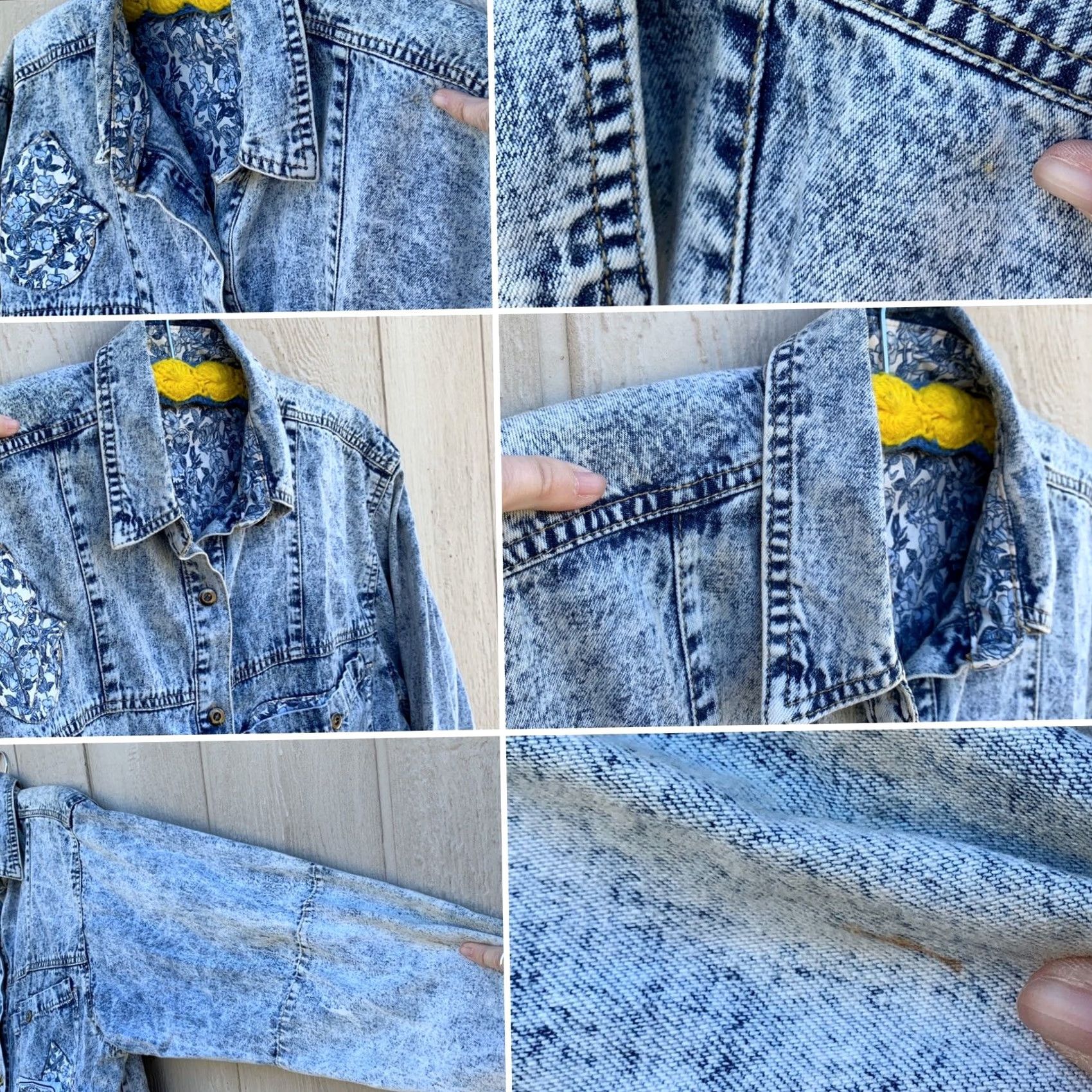 Denime VINTAGE Traffic Acid Wash Denim Shirt Patchwork Elbow Patches One Size 80s 90s Blue Denim Shirt Womens/ mens Size ONE SIZE - 6 Thumbnail