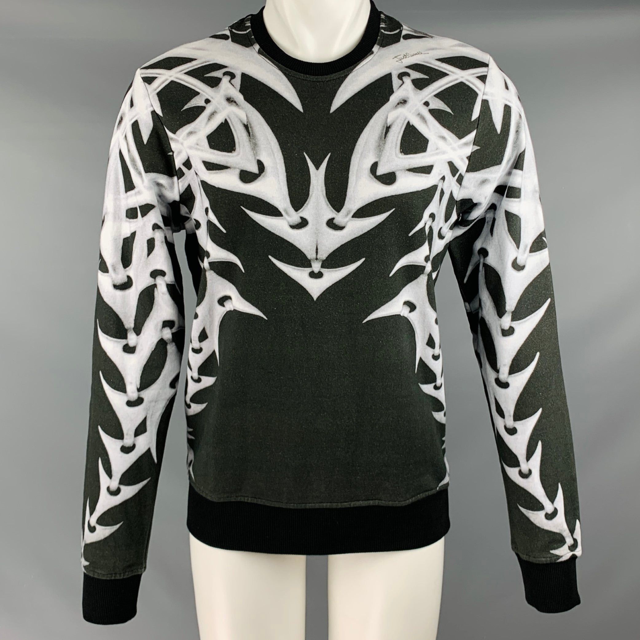 image of Just Cavalli 2015 Black White Graphic Cotton Crew Neck Sweatshirt, Men's (Size Medium)