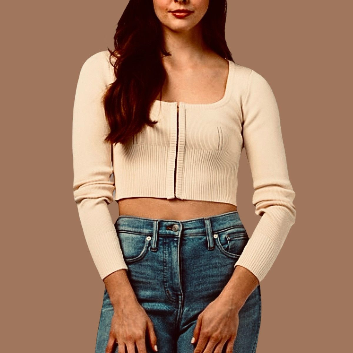 Other Emory Park Long Sleeve Crop Top Beige Corset Closure Sz M Size M / US 6-8 / IT 42-44 - 2 Thumbnail