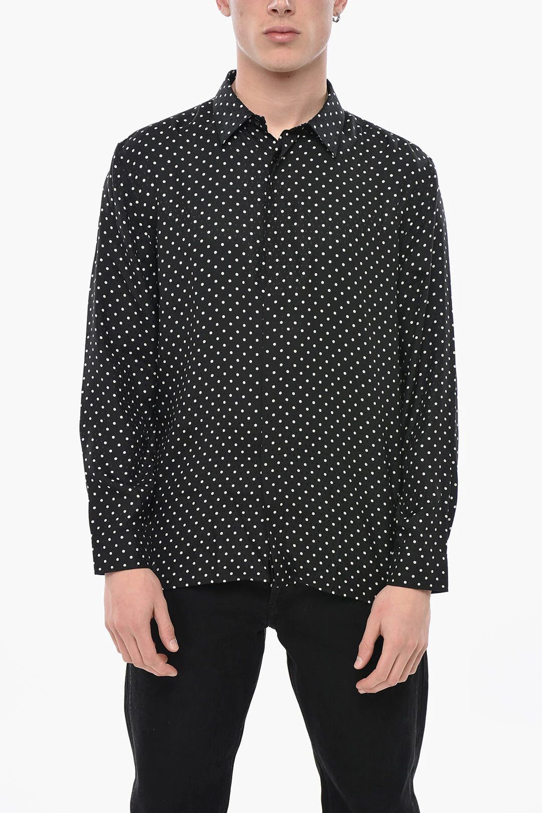 Saint Laurent Paris og1mm0326 Silk Polka-Dot Shirt in Black Size US XXS / EU 40 - 1 Thumbnail