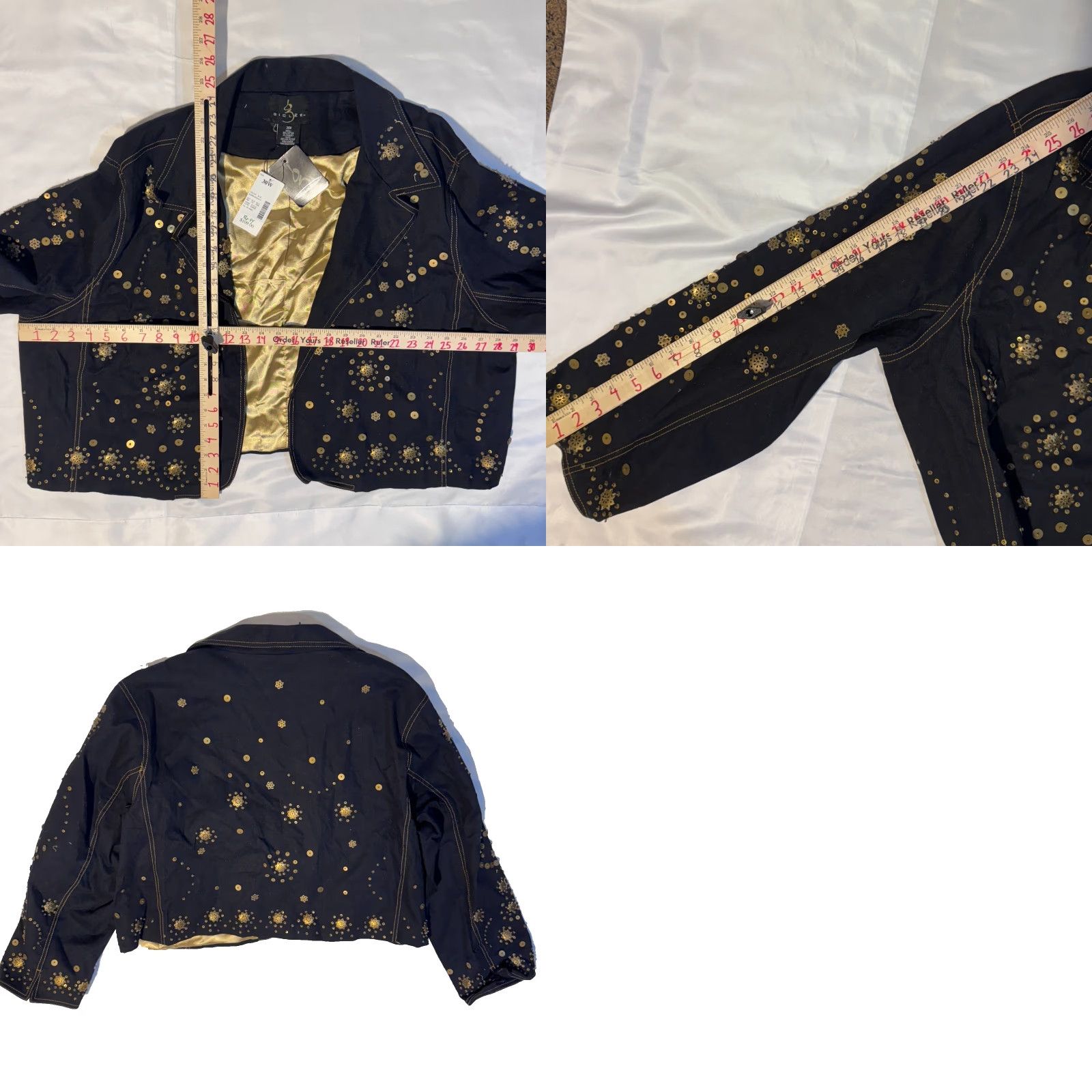 Denime Giclee Denim Jacket 30W Gold Lining & Gold Sequined Floral Embilsihed NWT Size 4XL / US 24-26 - 8 Thumbnail