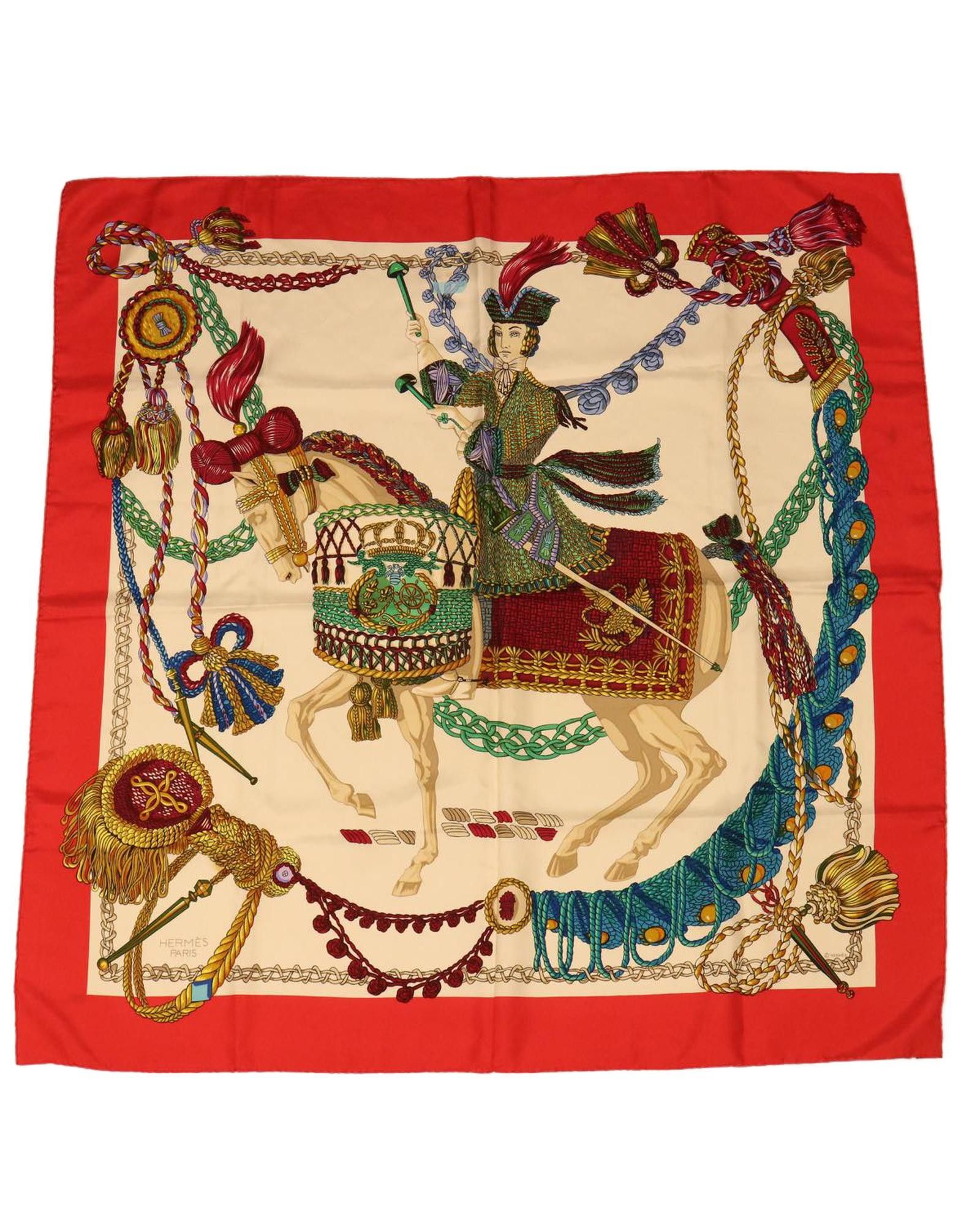 image of Hermes Red Silk Scarf With Unique Design, Women's