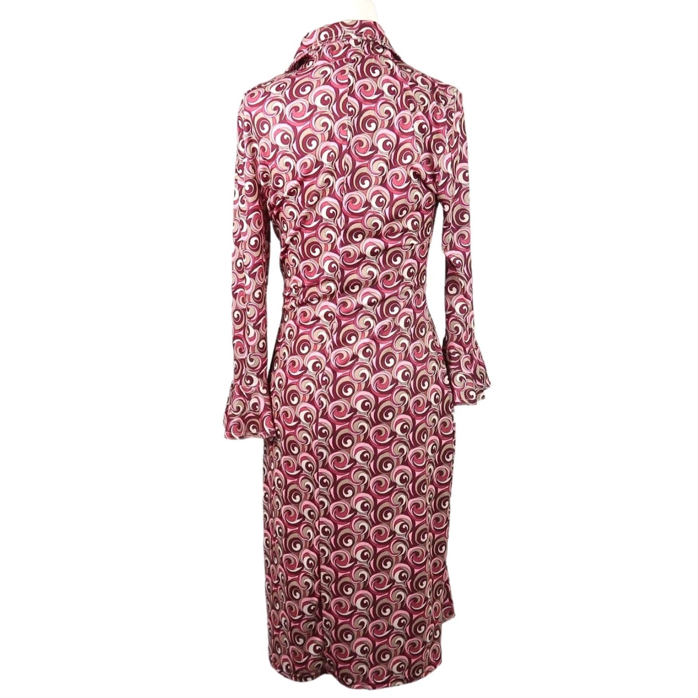 Vintage VINTAGE Ruby Shirt Dress M Midi Women 90s Pink Tan Geometric Swirl Print Collared Long Sleeve Workwear Party/Cocktail Fall Spring Womens Size M / US 6-8 / IT 42-44 - 4 Thumbnail