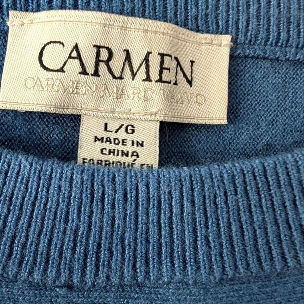 Vintage Carmen Marc Valvo Blue Chevron Pointelle Knit Shoulder Button Sweater Large Size L / US 10 / IT 46 - 3 Thumbnail