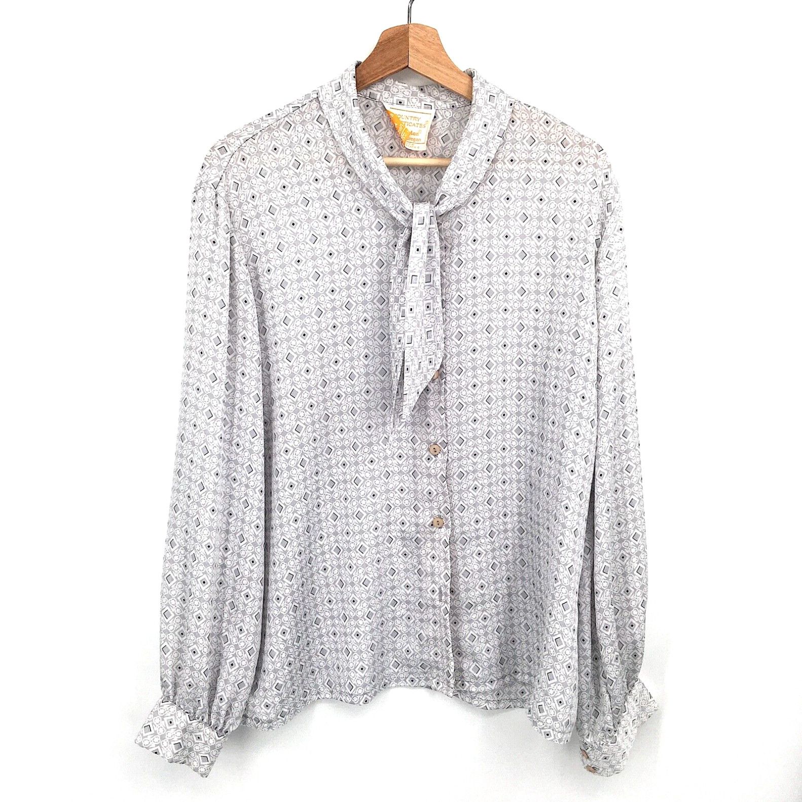 image of VTG Country Sophisticates By Pendleton Pussy Bow 70's Top Blouse Gray 16 Women's in White (Size 2XL