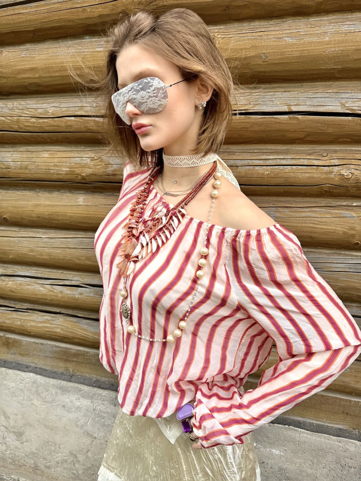 Vintage Vintage Silk pink striped off the shoulder blouse Size S / US 4 / IT 40 - 3 Thumbnail