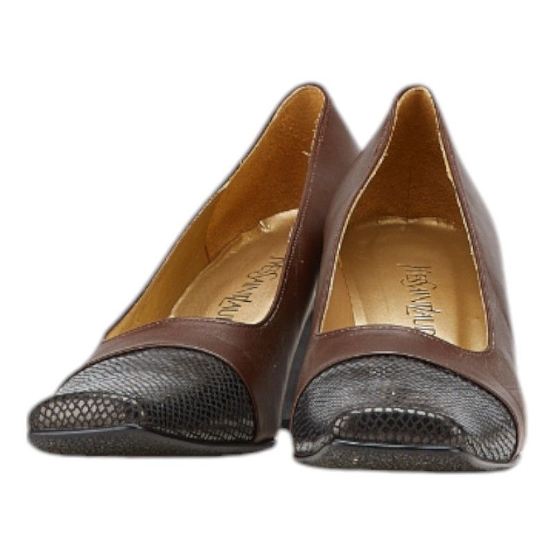 YVES Saint Laurent Leather Python Embossed Square Toe Pumps Leather Shoes in Brown, Women's