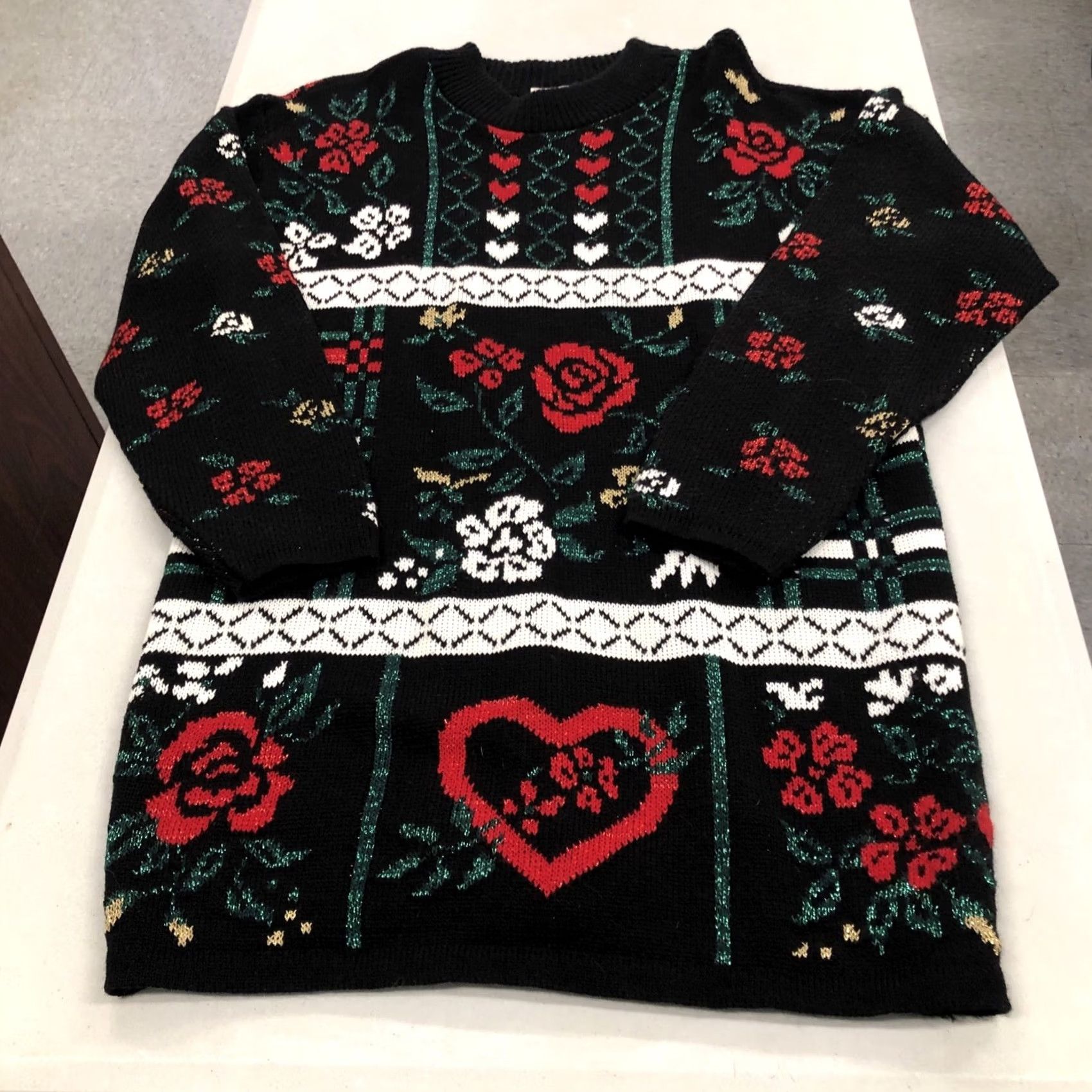 Valentino VINTAGE Mathias Sweater Women's M Black 80s 90s Floral Hearts Glitter Pullover Knit Crew Neck Long Sleeve Holiday Christmas Valentine Mens? Womens Size M / US 6-8 / IT 42-44 - 3 Thumbnail