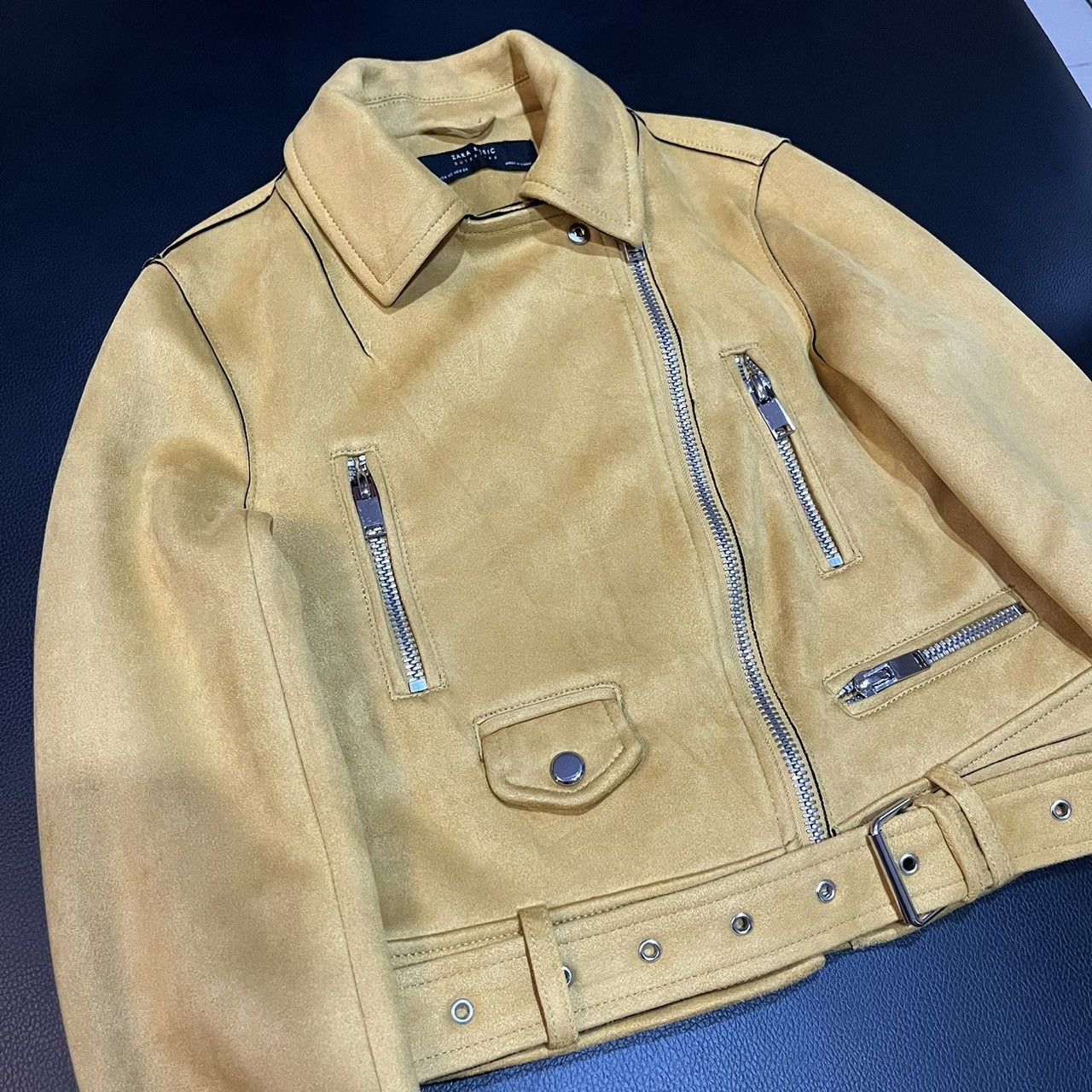Zara ZARA Ladies Mustard Yellow Faux Suede Biker Jacket Size XS / US 0-2 / IT 36-38 - 6 Thumbnail