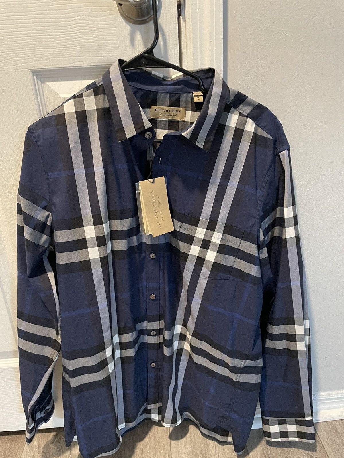 Image of Burberry Check Cotton Shirt XL in Blue, Men's