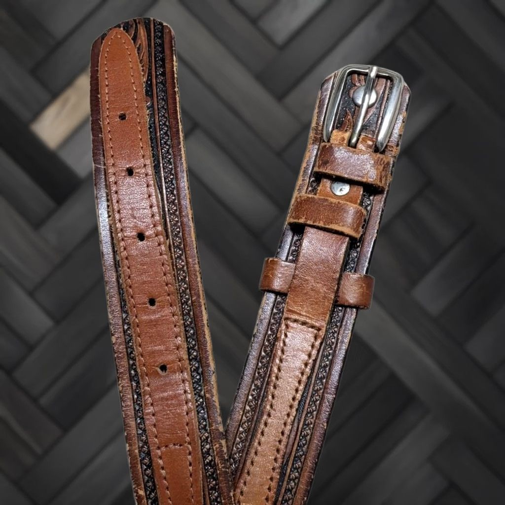 Vintage VINTAGE handcrafted western belt 38 brown leather Tooled Ranger belt Men Adult 38 Brown Western Belt Ranger Mens Size 38 - 1 Thumbnail
