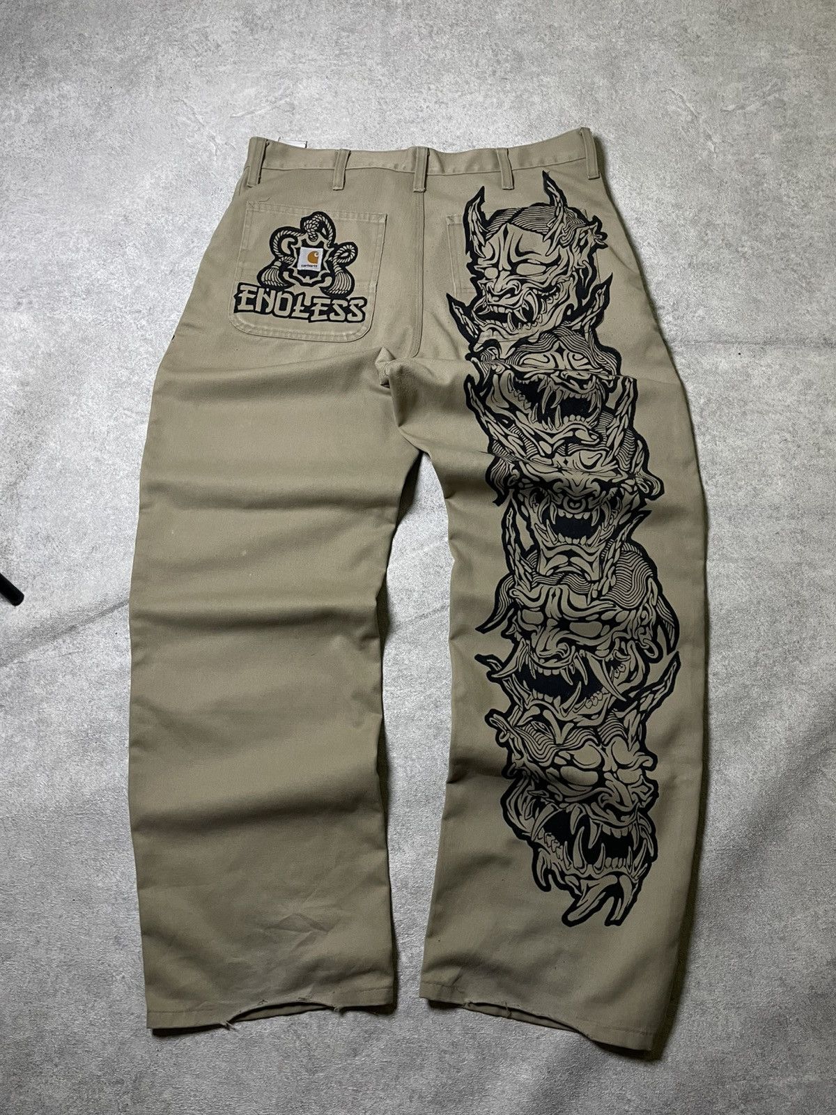 Carhartt 👺ONI/Yokai YAKUZA Y2K Carhartt Castom RARE Vinage Skull☠️ Size US 31 - 9 Thumbnail