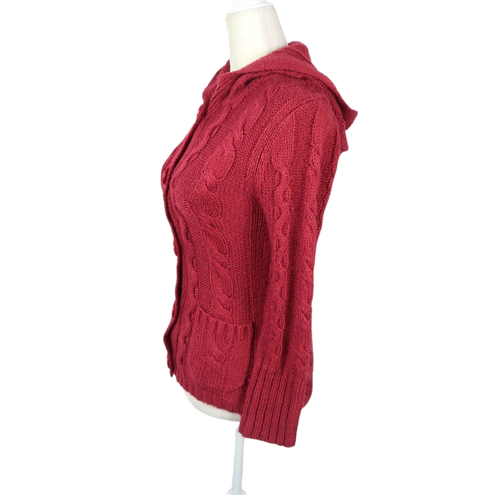 Vintage VINTAGE Tildon Cardigan Hooded Cable-Knit Wool Blend Red Burgundy Knit Sweater M Women Size M / US 6-8 / IT 42-44 - 3 Thumbnail