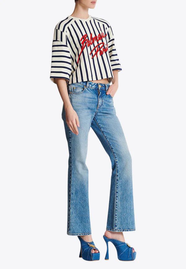 Balmain o1mt1gz0326 Striped Baseball T-Shirt in White/Blue Size S / US 4 / IT 40 - 4 Thumbnail