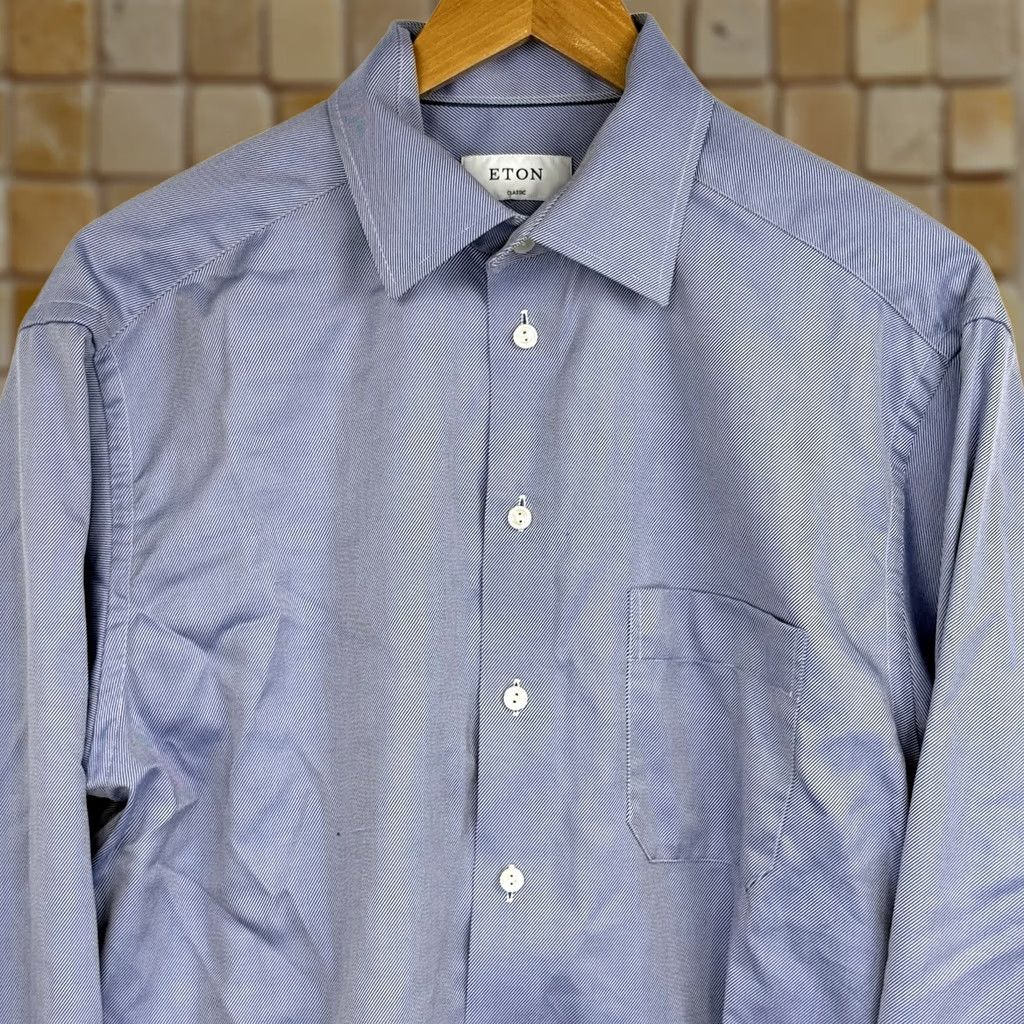 Eton Etón Dress Shirt Mens 41 Blue Striped Classic Fit Twill Shirt Size 42R - 1 Thumbnail