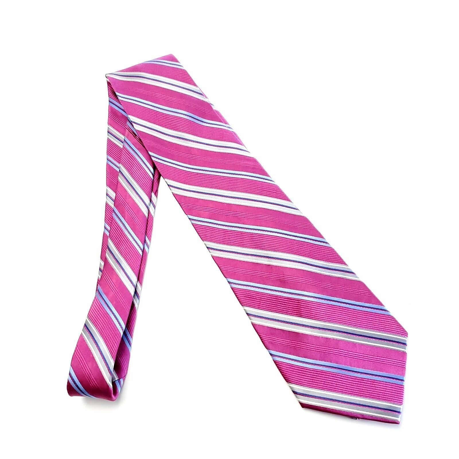 Jones New York Jones New York Fusia Pink Blue Striped Woven Wide Silk Tie Size ONE SIZE - 6 Thumbnail