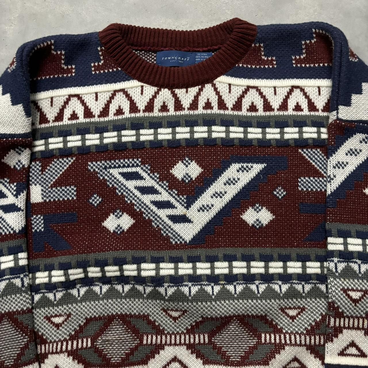 Japanese Brand × Vintage Crazy Vintage 90s Burgundy Crazy Pattern Acrylic Sweater! Size US L / EU 52-54 / 3 - 2 Thumbnail